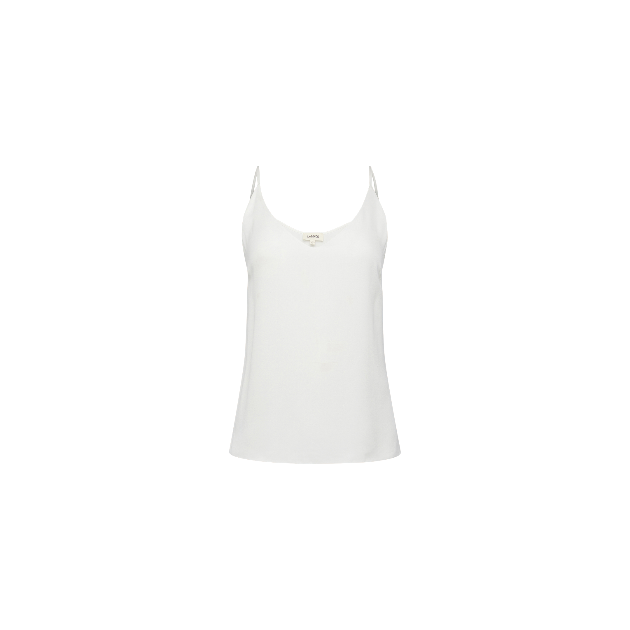 The Gabriella Silk Camisole, featuring spaghetti straps in an ivory hue, is displayed on a white background, making it an ideal layering piece.