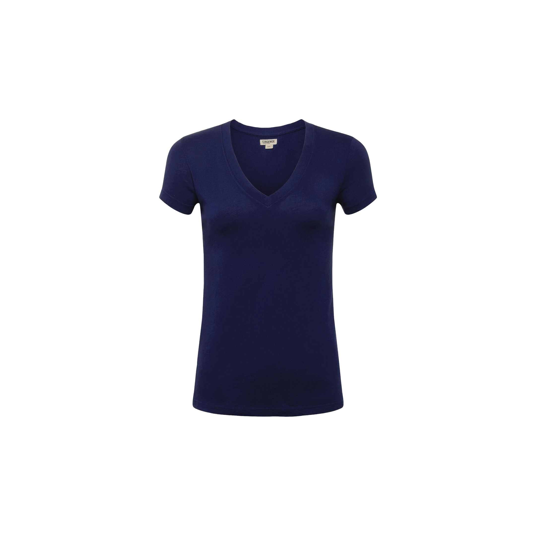 A Cory Cotton Scoopneck Tee in navy with short sleeves is displayed on a white background, crafted from ultra-soft cotton for exceptional comfort.
