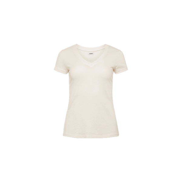 The Becca Cotton V-Neck Tee is a vintage off-white, short-sleeved women’s t-shirt made from 100 cotton, shown on a white background.