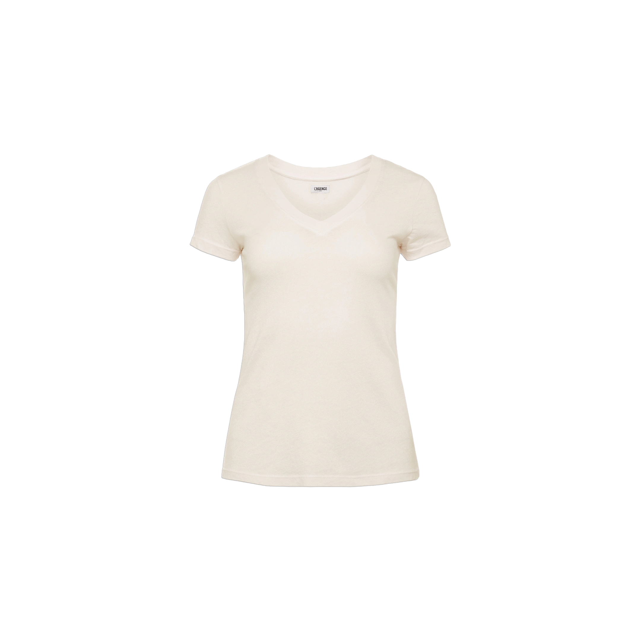 The Becca Cotton V-Neck Tee is a vintage off-white, short-sleeved women’s t-shirt made from 100 cotton, shown on a white background.
