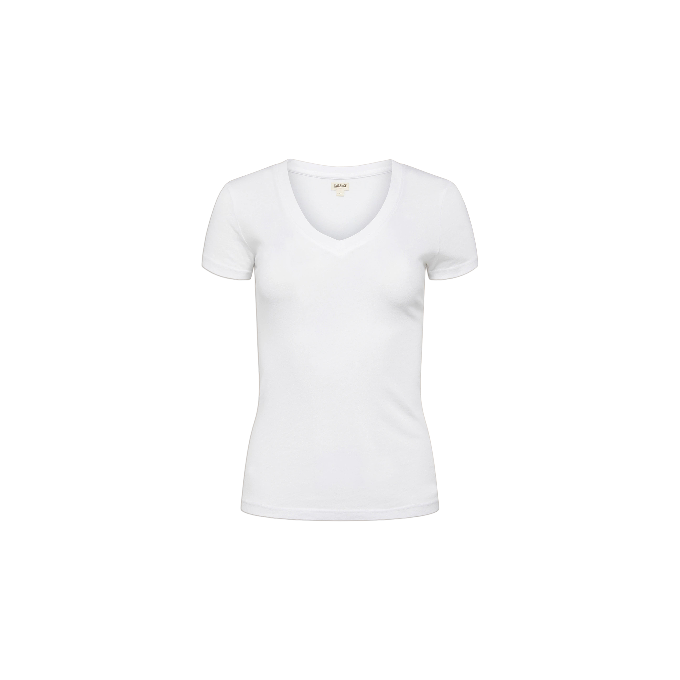 The Becca Cotton V-Neck Tee is a women’s short-sleeve, v-neck shirt crafted from 100 cotton and shown on a white background.
