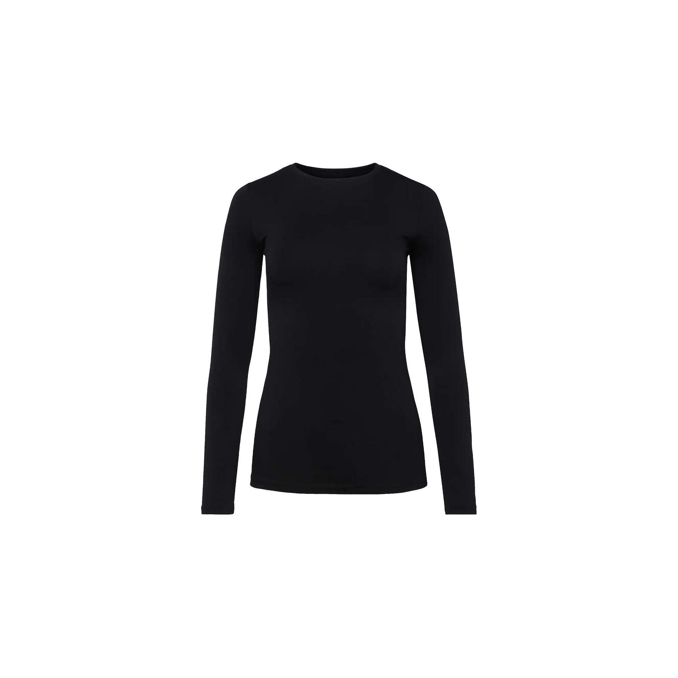 The Tess Long Sleeve Tee is a black long-sleeve crew neck top made from soft microfiber fabric, shown from the front on a white background with no visible logos or designs.