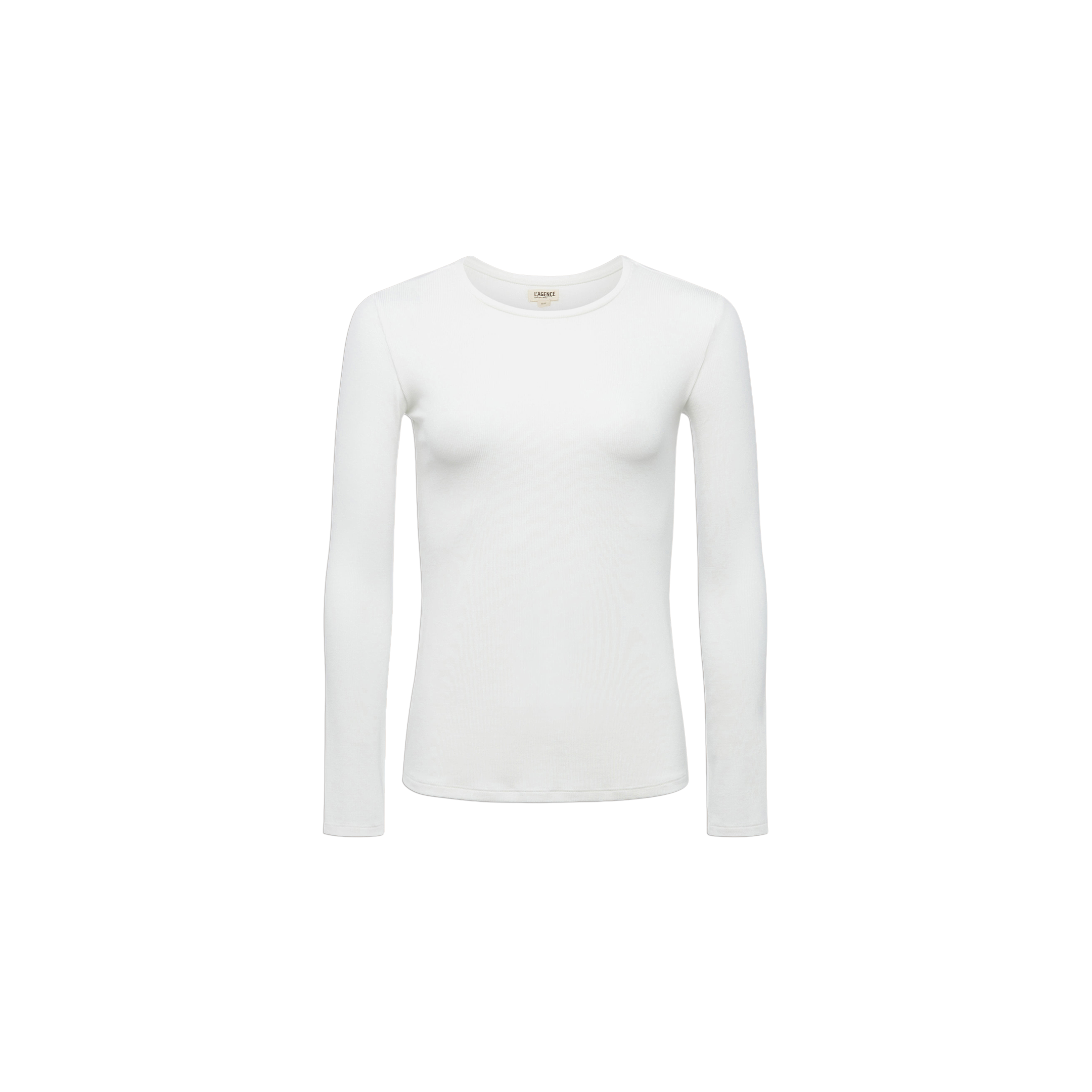 The Tess Long Sleeve Tee is a slim-fit crew neck top in plain white, crafted from soft microfiber jersey and perfect as a versatile layering piece, shown against a white background.
