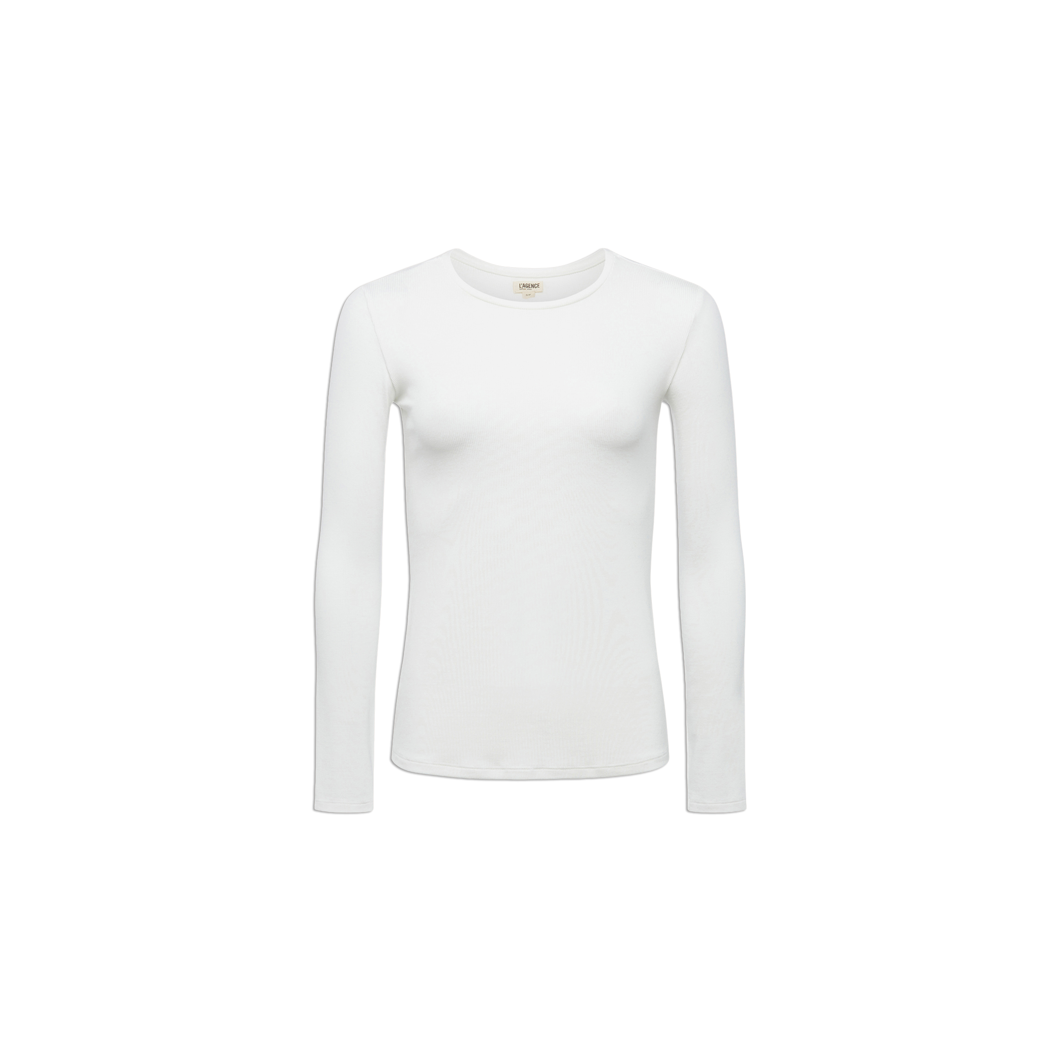 The Tess Long Sleeve Tee, shown against a white background, is a slim-fit top in plain white with long sleeves and a matching crew neck. Made from ribbed micro modal, it delivers a sleek and comfortable silhouette.