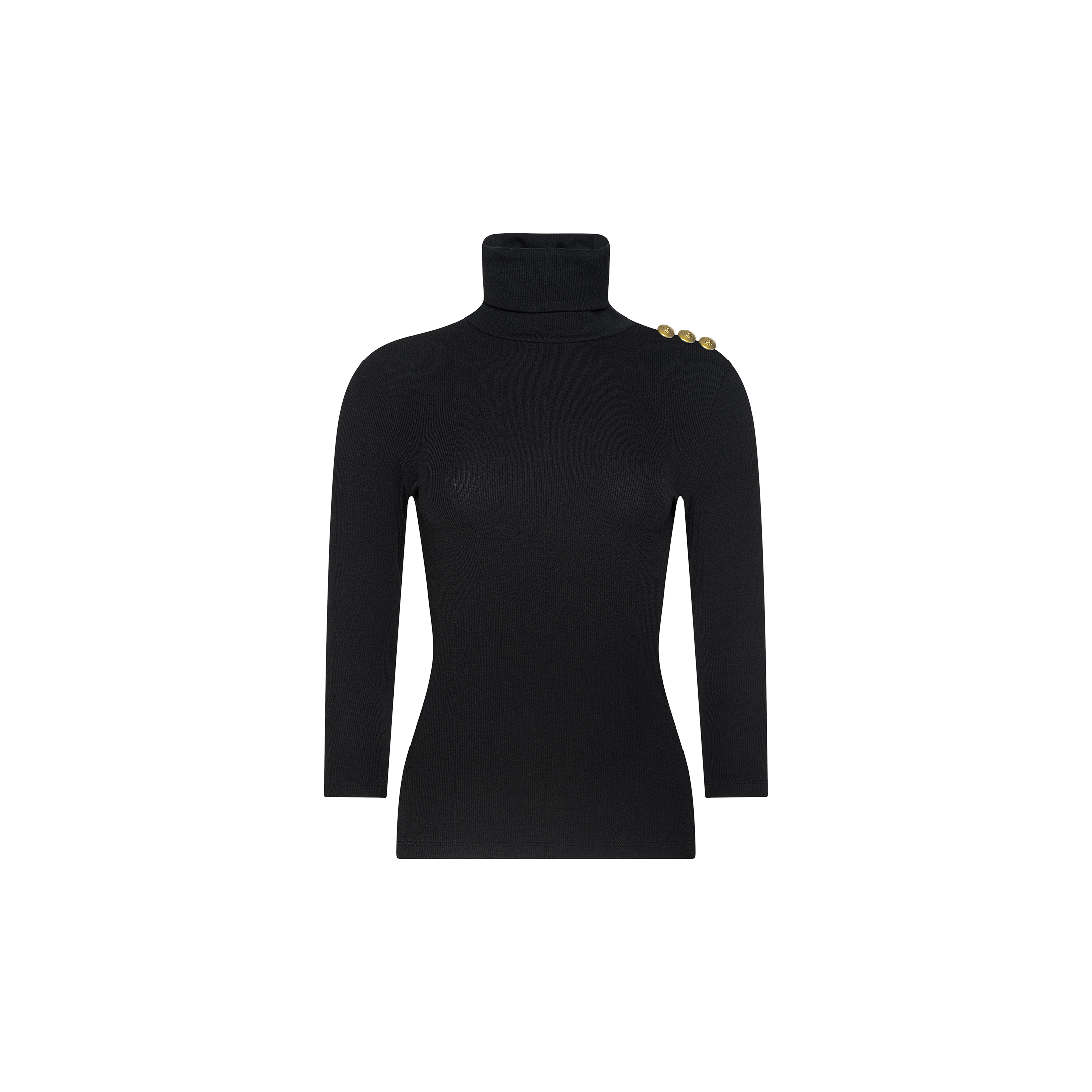 The Aja Turtleneck is a black long-sleeve top crafted from luxurious modal, featuring three gold buttons on the left shoulder and shown against a plain white background—an ideal piece for transitioning your wardrobe from fall to winter.