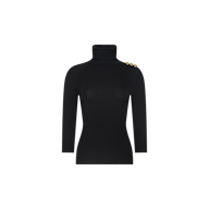 The Aja Turtleneck is a black long-sleeve top crafted from luxurious modal, featuring three gold buttons on the left shoulder and shown against a plain white background—an ideal piece for transitioning your wardrobe from fall to winter.