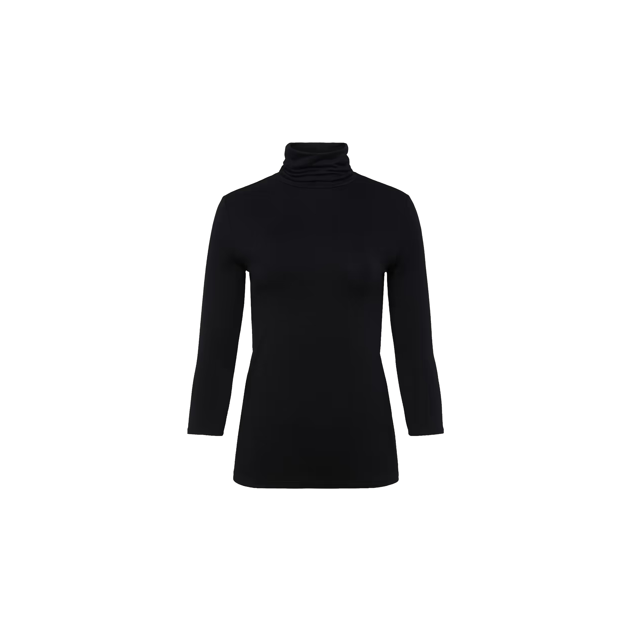 The Aja Turtleneck, a slim-fit black long-sleeve shirt crafted from soft microfiber fabrication, is displayed on a plain white background.