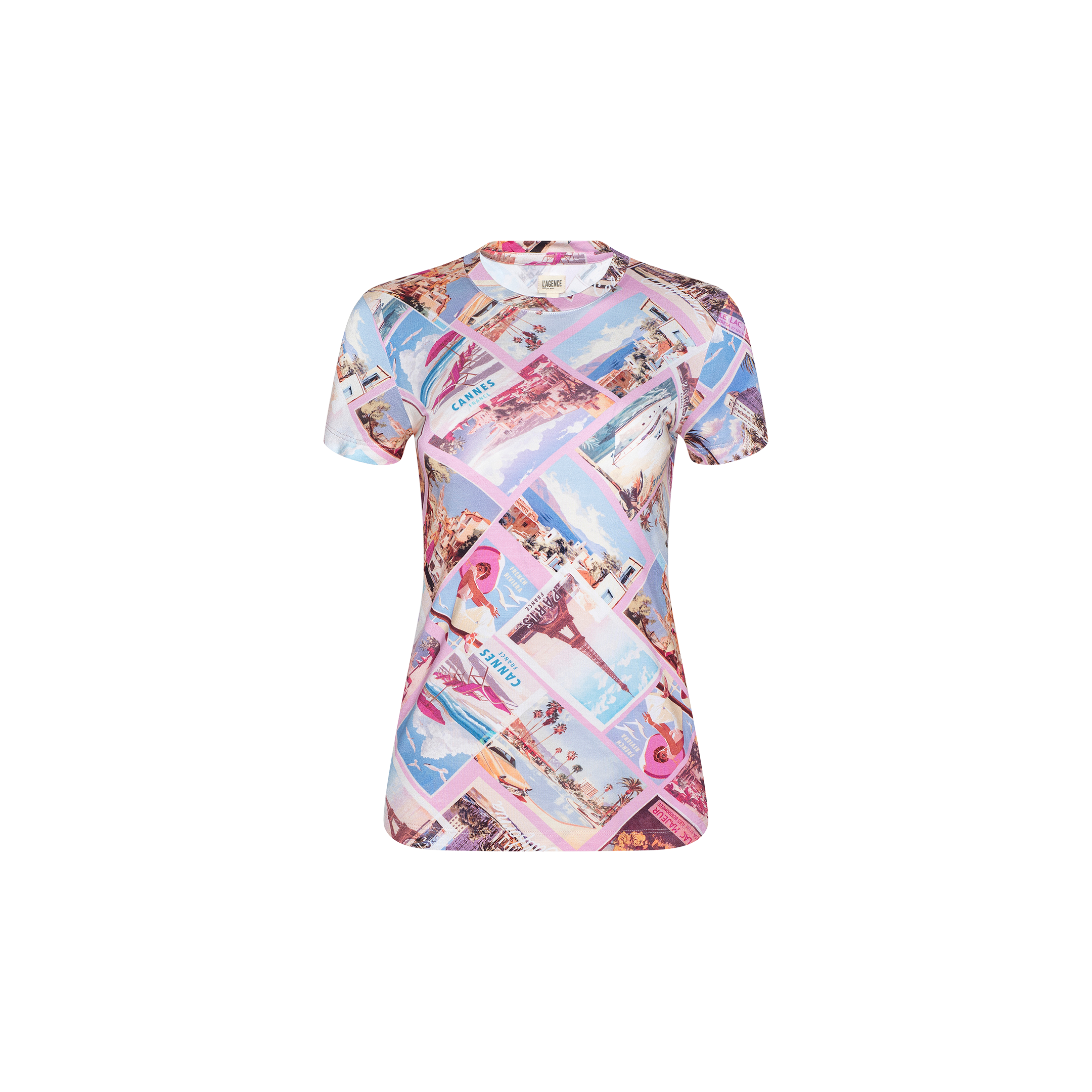 Ressi Fitted Tee: This bestselling short-sleeve T-shirt showcases a colorful, all-over print of vintage postcard images—beaches, palm trees, and mountains—set against a white background. Crafted from stretch jersey knit for comfort, the Ressi Fitted Tee features a slim cut for a modern silhouette and is displayed on a plain white backdrop.