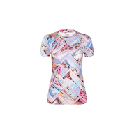 Ressi Fitted Tee: This bestselling short-sleeve T-shirt showcases a colorful, all-over print of vintage postcard images—beaches, palm trees, and mountains—set against a white background. Crafted from stretch jersey knit for comfort, the Ressi Fitted Tee features a slim cut for a modern silhouette and is displayed on a plain white backdrop.