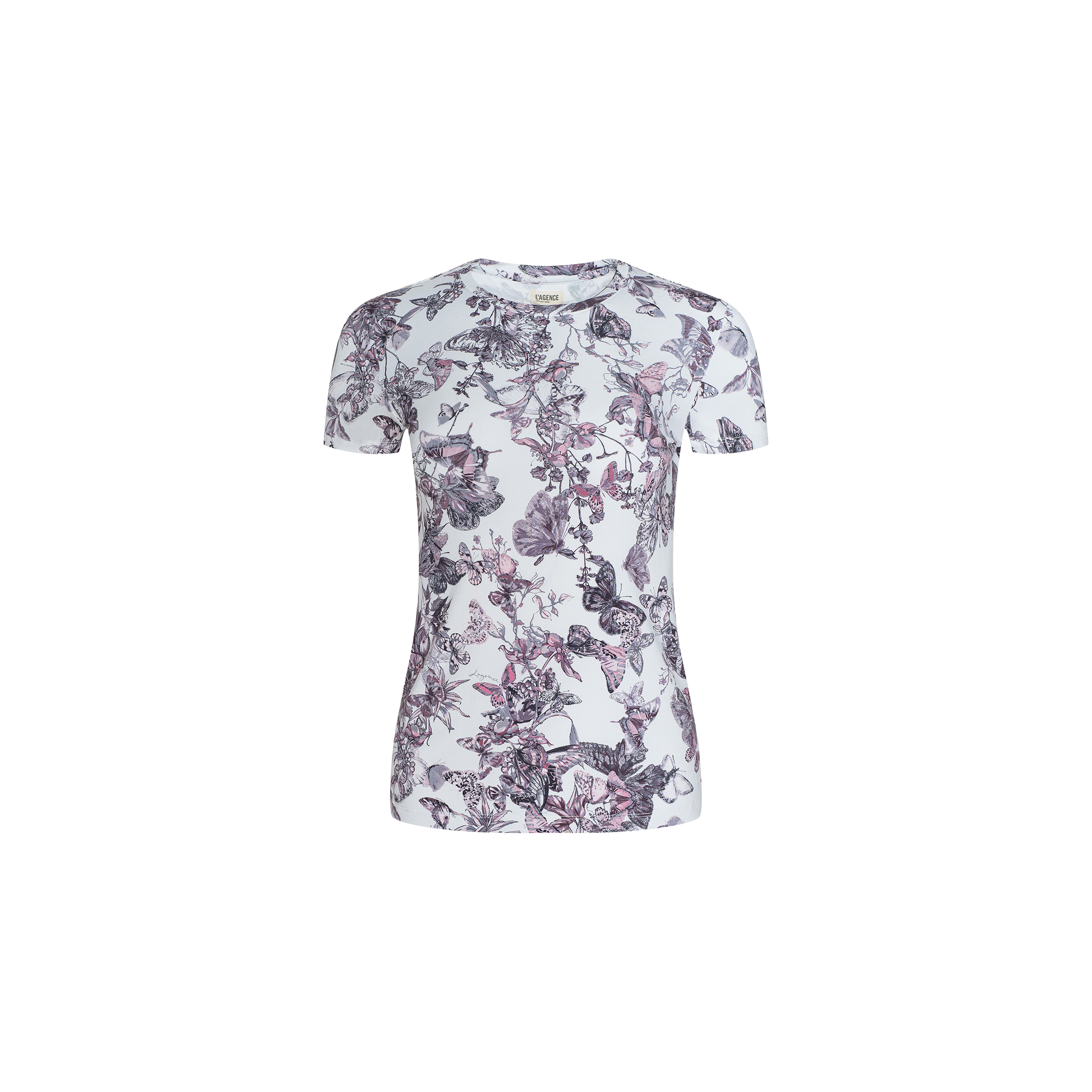 Introducing the Ressi Fitted Tee: a bestselling slim-cut short-sleeve t-shirt in vintage white, showcasing a striking purple and black floral and butterfly print set against a classic plain background.