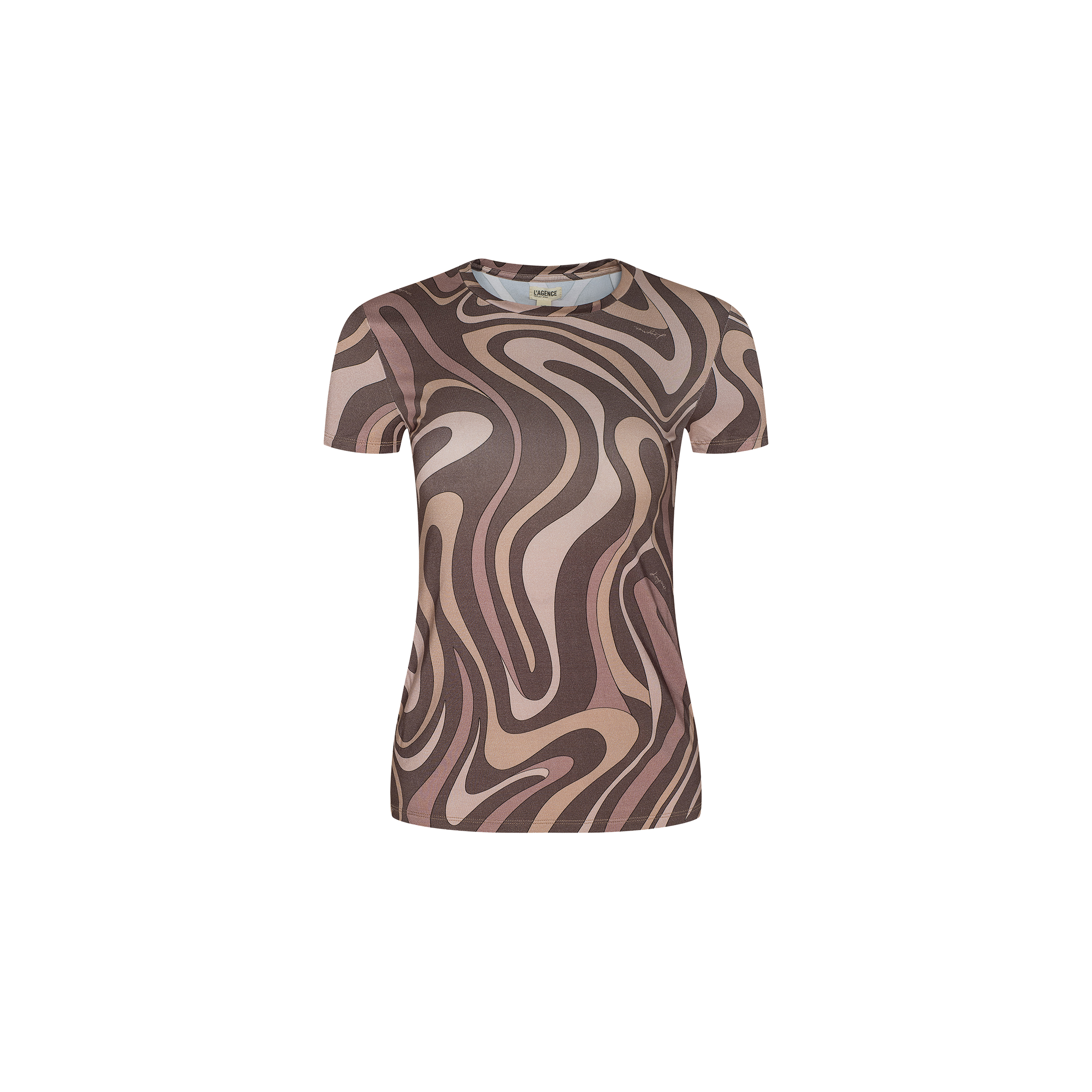 The Ressi Fitted Tee is a short-sleeved, fitted t-shirt made from stretch jersey knit, showcasing a brown, beige, and pink abstract swirl print on a white background.