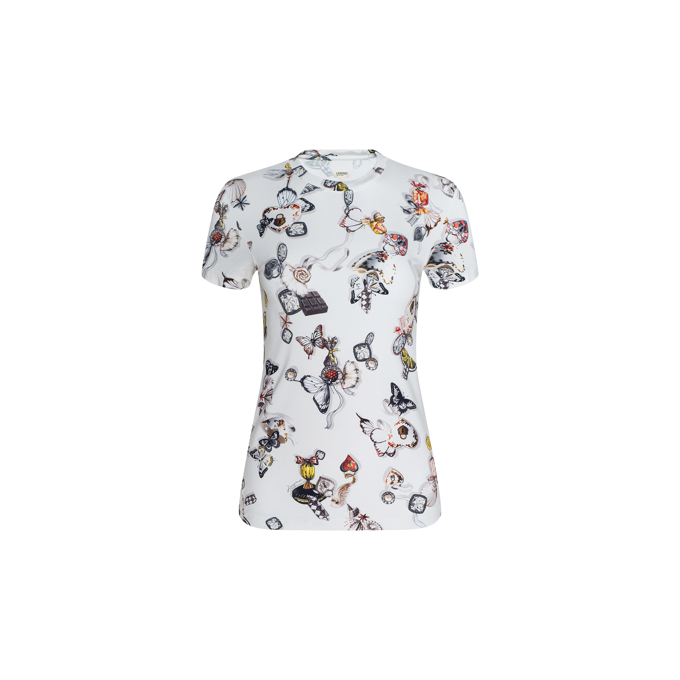 Ressi Fitted Tee: A white short-sleeve t-shirt featuring a colorful, whimsical all-over print of various cartoon-like animals and objects. Crafted from stretch jersey knit for comfort, this bestselling tee has a slim fit and is displayed on a plain white background.