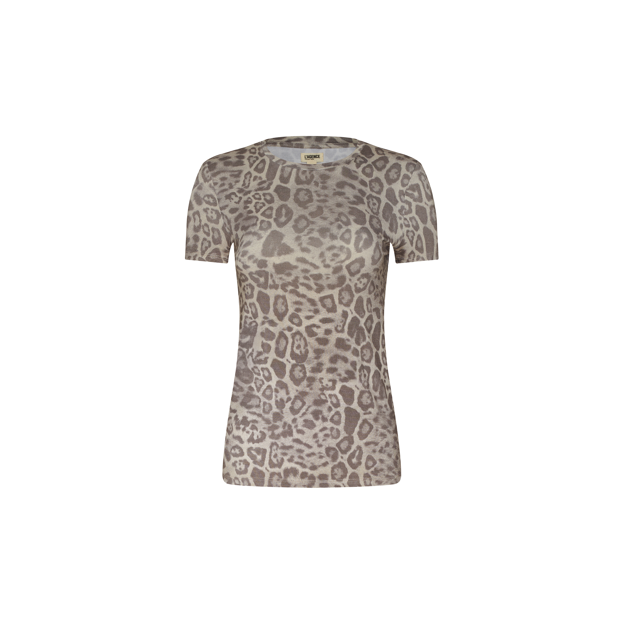 Ressi Fitted Tee—this bestselling short-sleeve top is crafted from stretch jersey knit and showcases a beige and brown leopard print on a plain white background. Designed for a fitted silhouette, it blends comfort and style for effortless everyday wear.