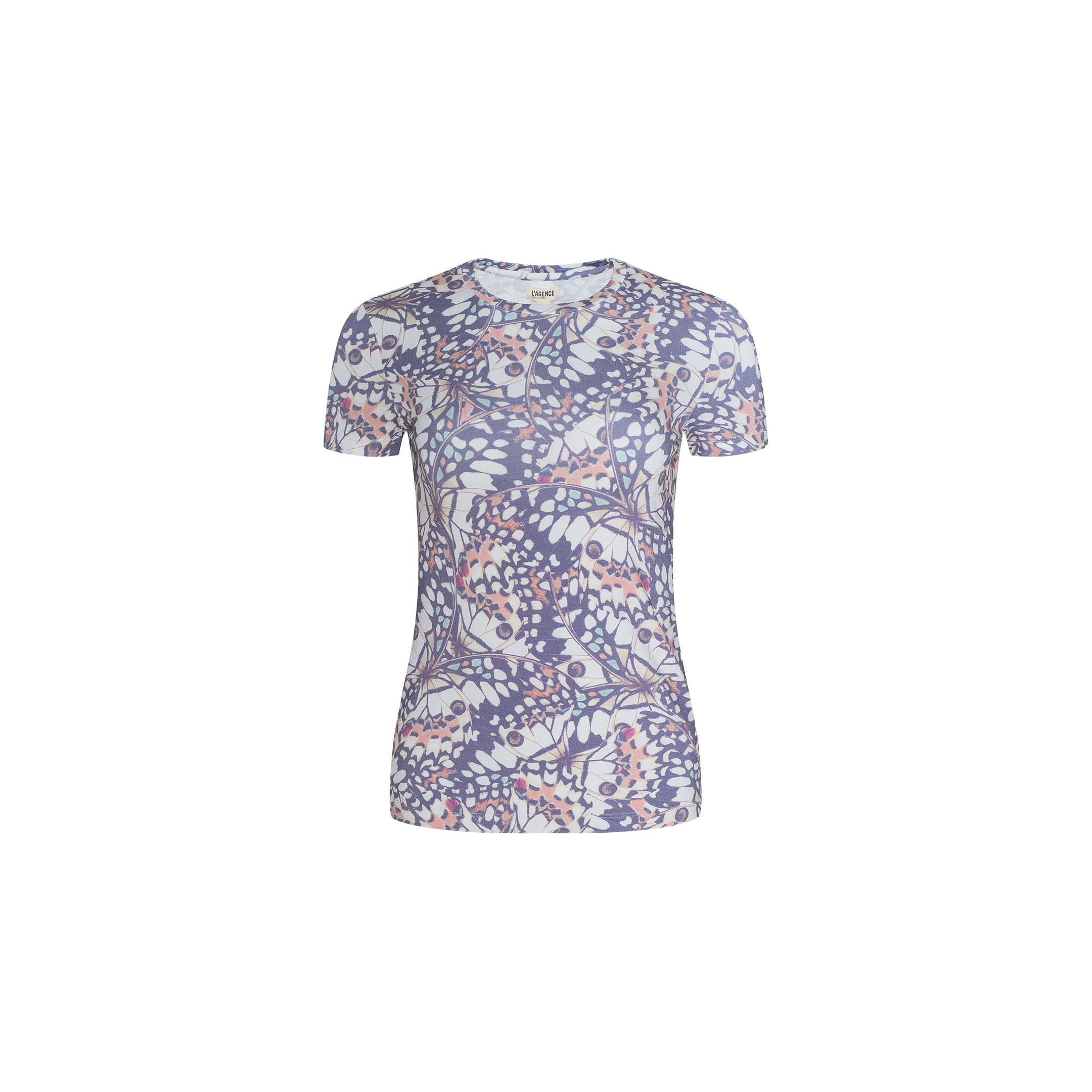 The Ressi Fitted Tee is a short-sleeved t-shirt showcasing an abstract floral pattern with blue, white, and pink butterfly wing prints on a plain white background.