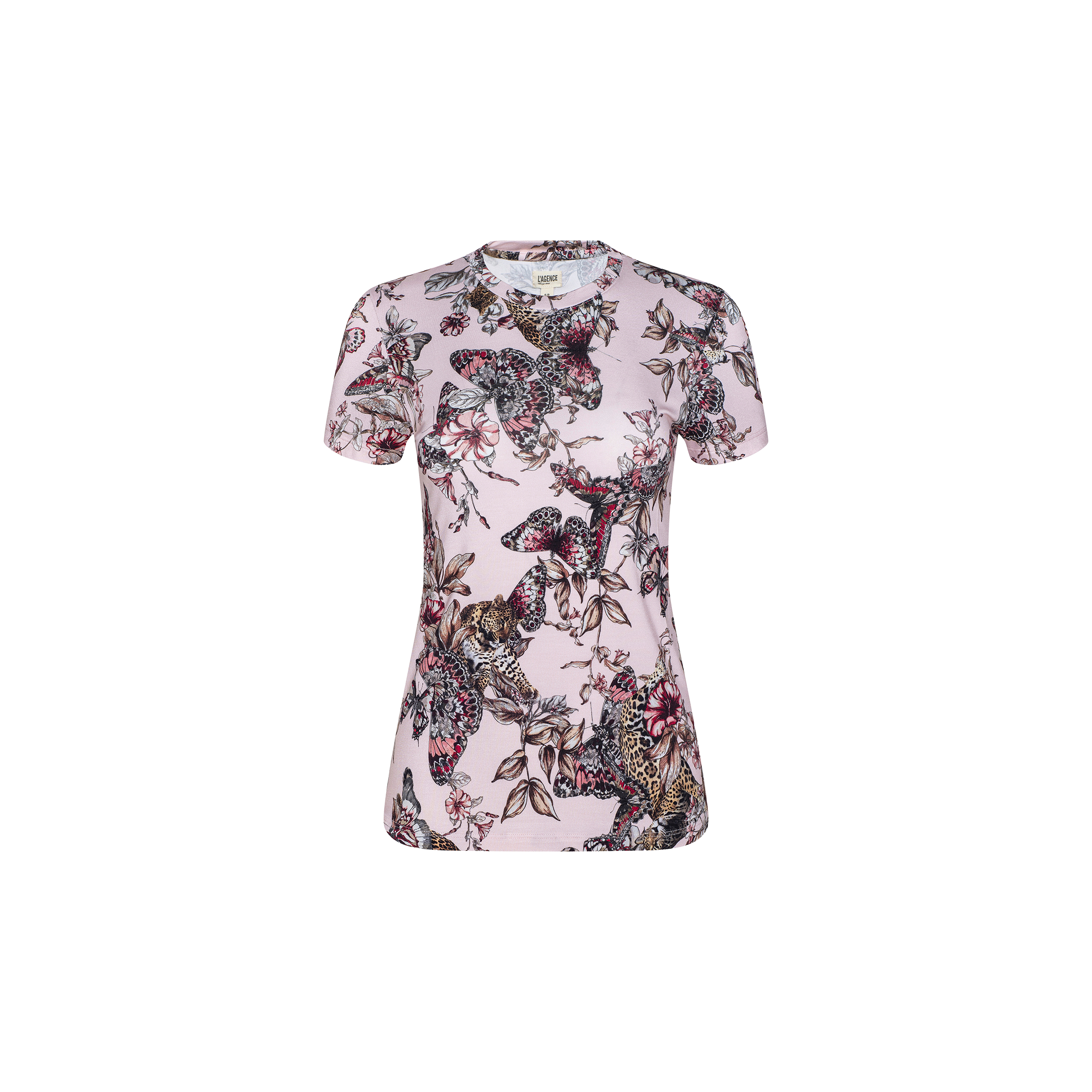 The Ressi Fitted Tee is a bestselling short-sleeve top crafted from stretch jersey knit in light pink, featuring a detailed butterfly jungle print with black, red, and beige accents on a plain white background.