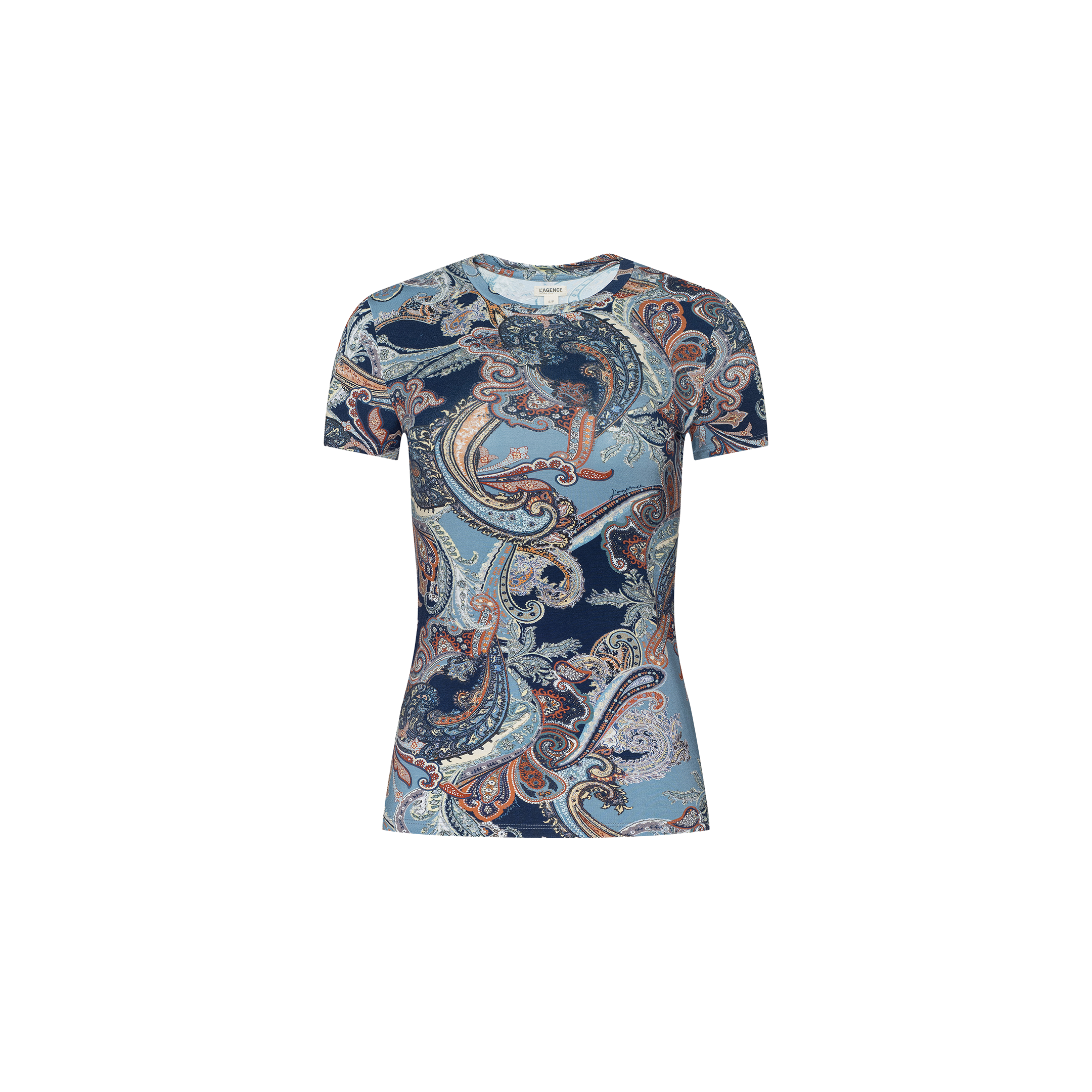 Introducing the Ressi Fitted Tee—a slim fit short sleeve crafted from soft fabric, showcasing an intricate midnight blue paisley pattern in navy, beige, and peach hues, beautifully displayed against a plain white background.
