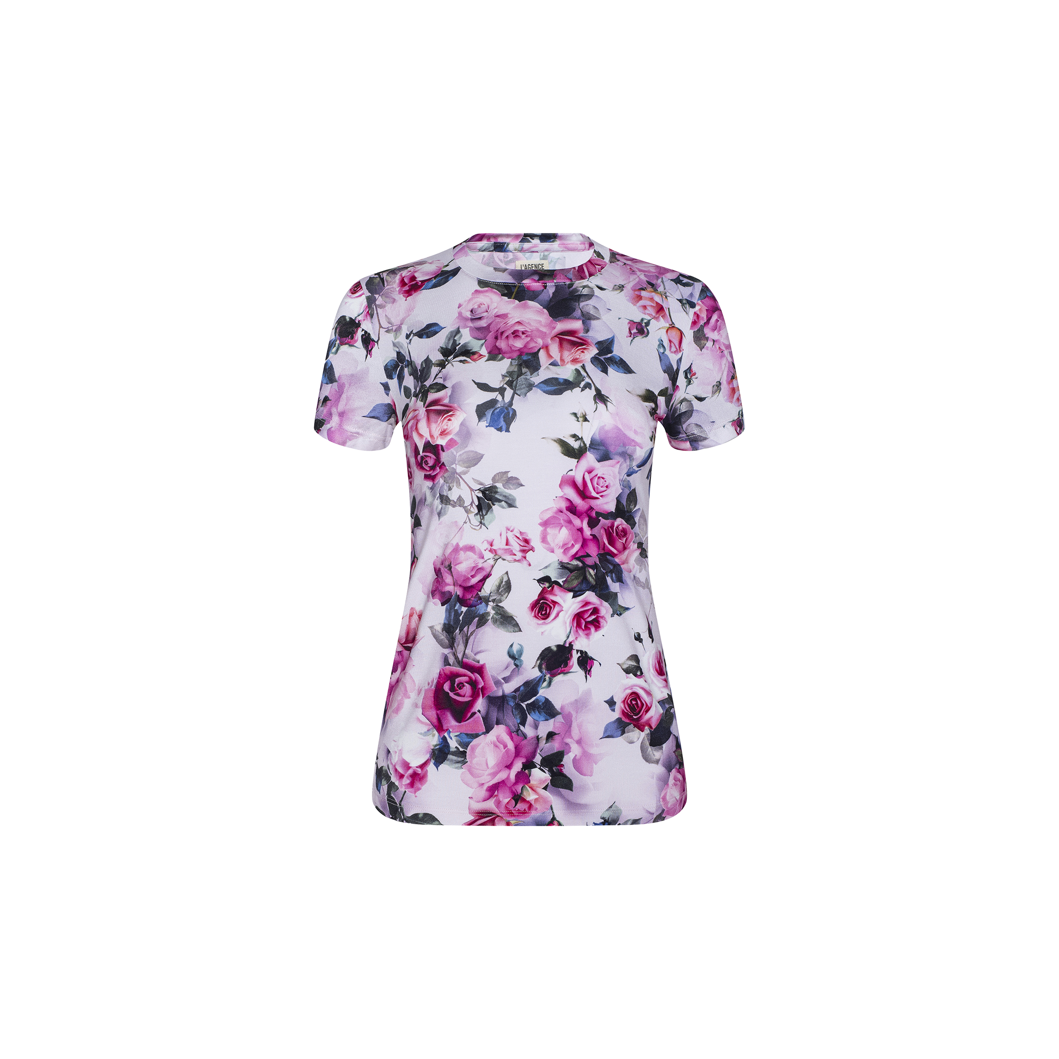 Introducing the Ressi Fitted Tee: a short-sleeved women’s t-shirt crafted from stretch jersey knit, featuring a vibrant pink rose print and purple floral pattern on a white background. This bestselling tee combines comfort with feminine style.