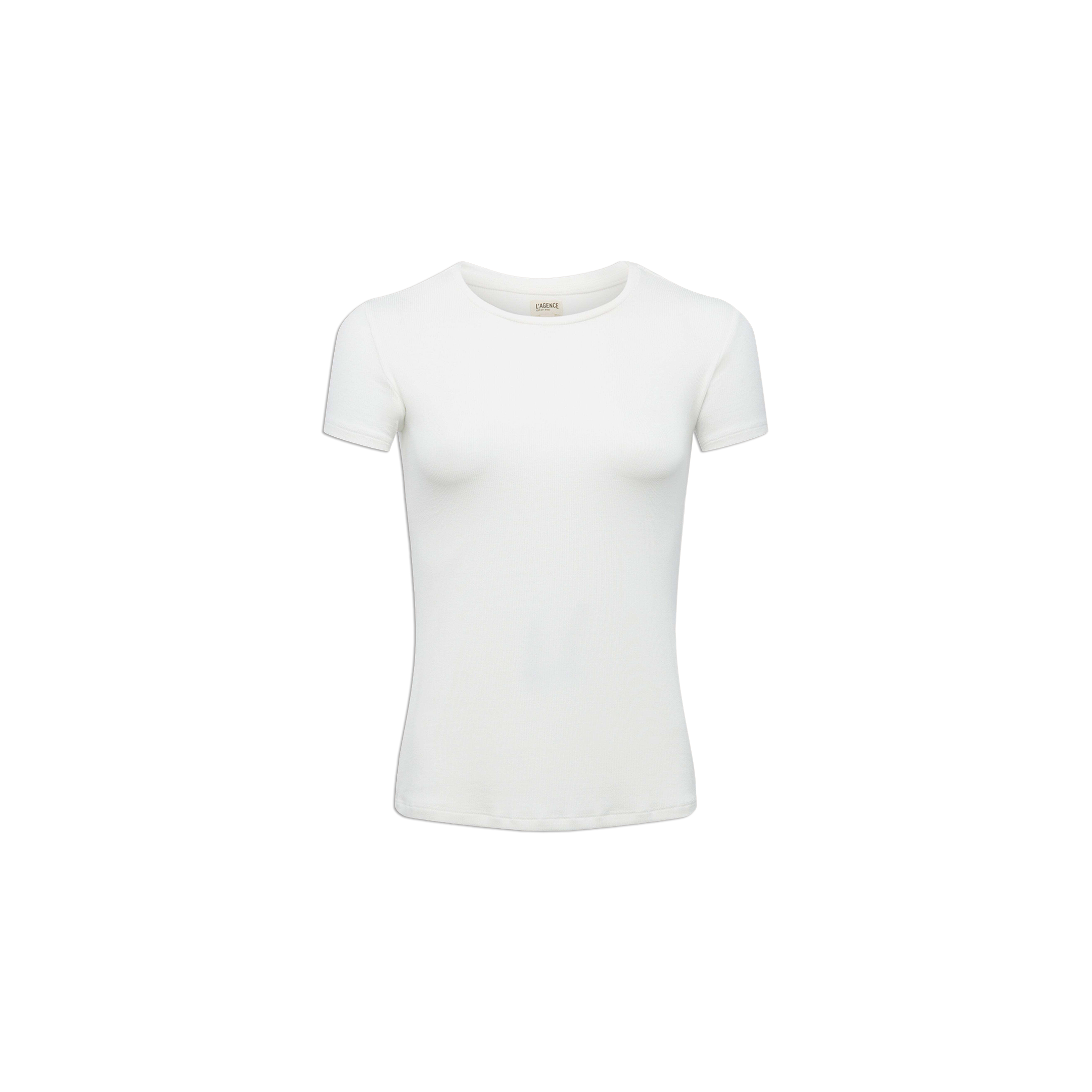 A Ressi Micro-Rib Tee in plain white, featuring short sleeves, a slim fit, and a crew neckline, is displayed on a white background.