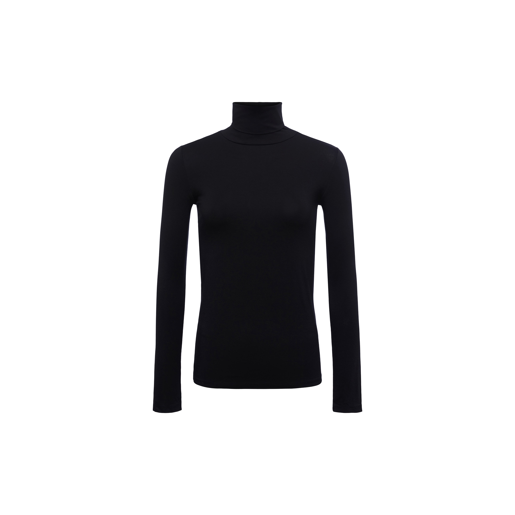 The Lani Turtleneck, a black long-sleeve shirt with a slim fit, is displayed on a plain white background and shown from the front without any visible logos or designs, highlighting its sleek, modern silhouette.