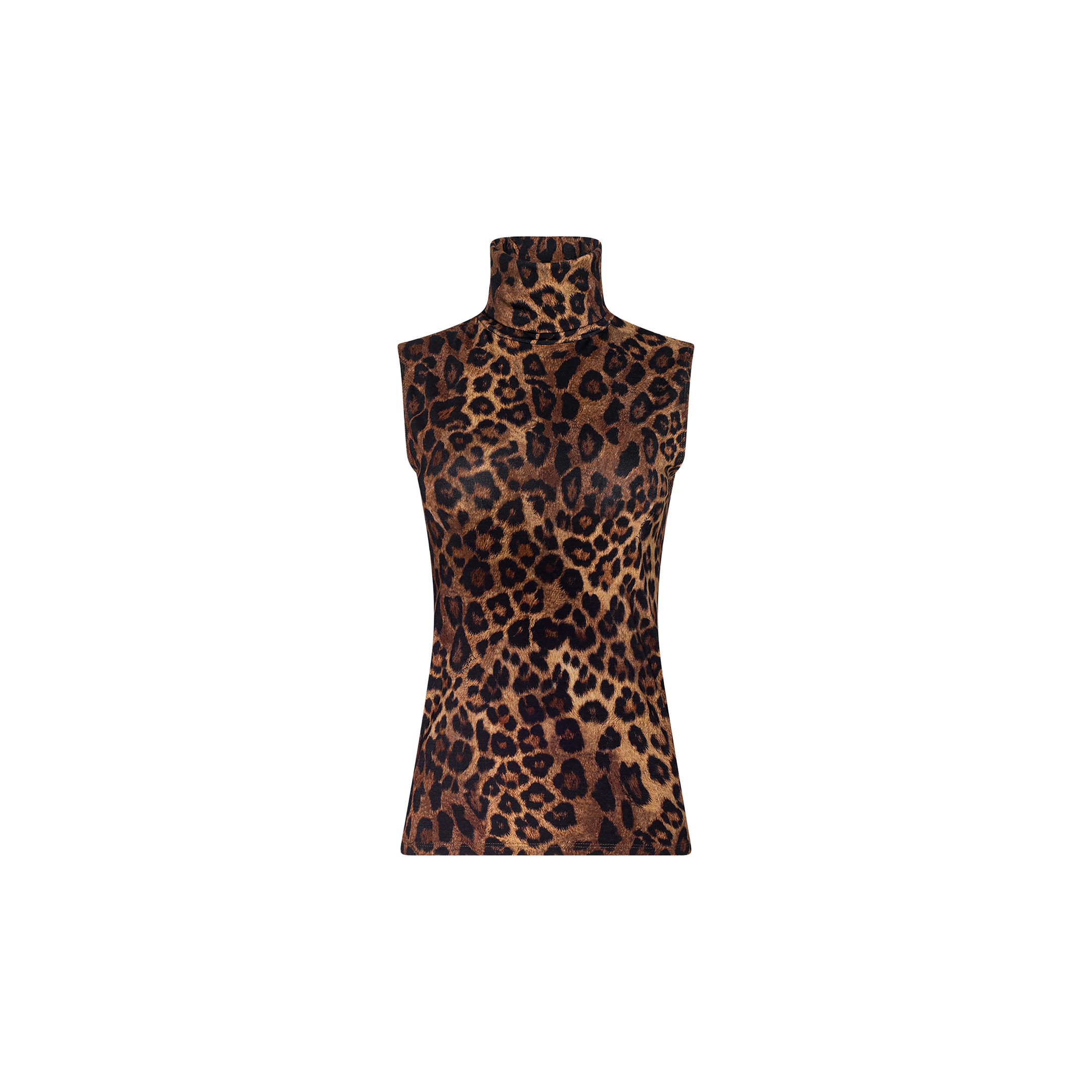The Ceci Sleeveless Turtleneck is a slim fit, sleeveless top with a brown and black leopard print pattern, shown against a plain white background.