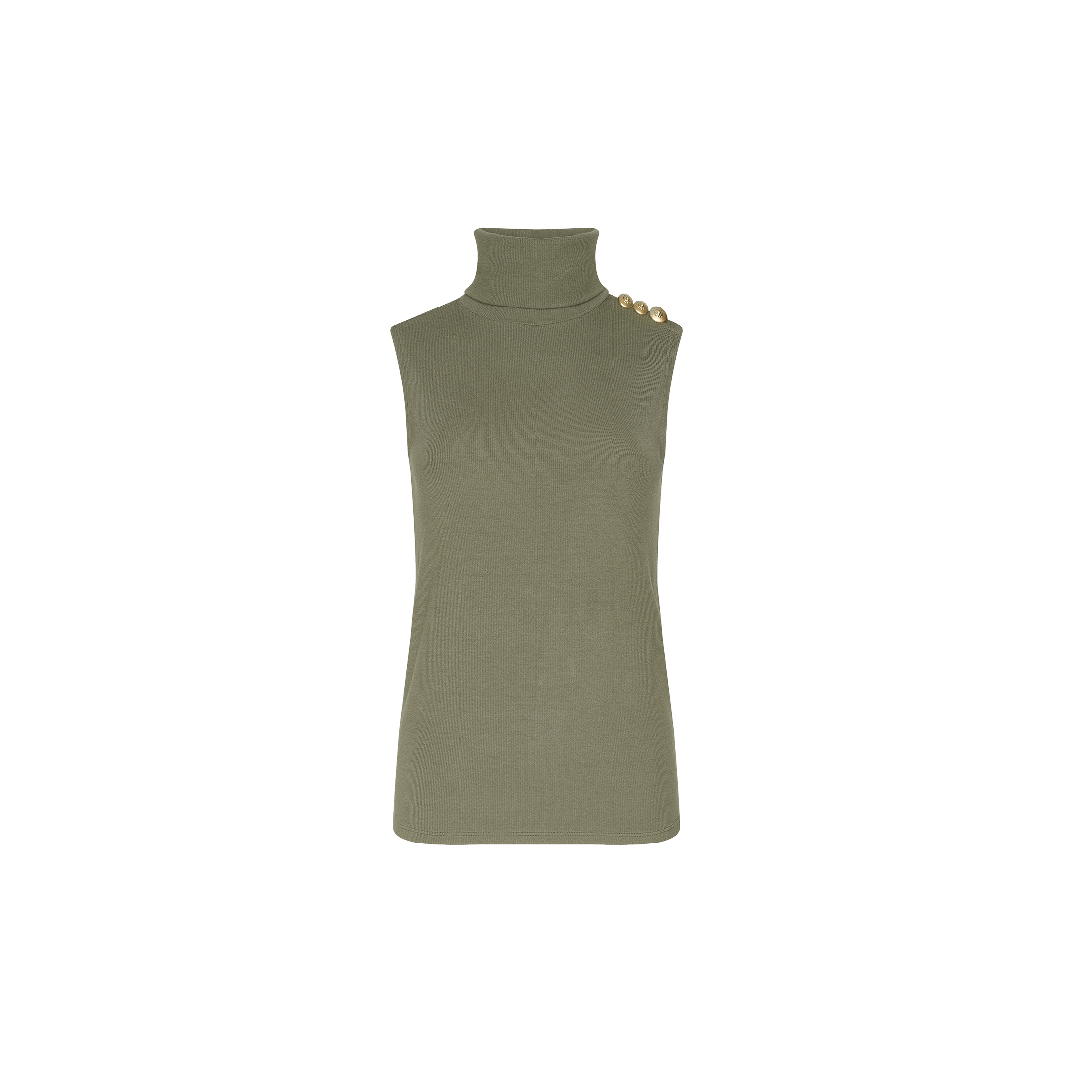 The Ceci Sleeveless Turtleneck is an ash olive green ribbed knit top featuring a fitted silhouette and three gold buttons on the left shoulder, shown against a plain white background.