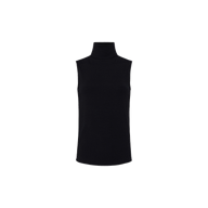 Ceci Sleeveless Turtleneck in slim-fit black microfiber, artfully showcased against a plain white background.