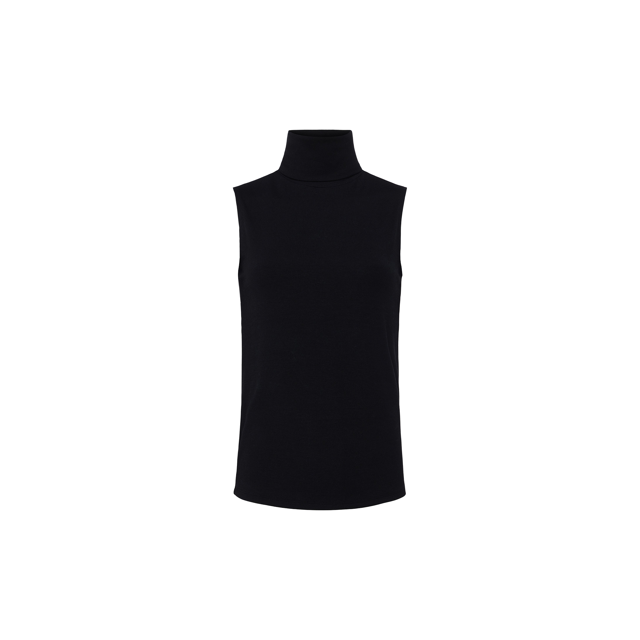 Ceci Sleeveless Turtleneck in slim-fit black microfiber, artfully showcased against a plain white background.