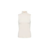 Ceci Sleeveless Turtleneck in white, featuring a slim fit and high neckline. Displayed on a plain white background, this simple and fitted top is sleeveless with no visible patterns or embellishments.