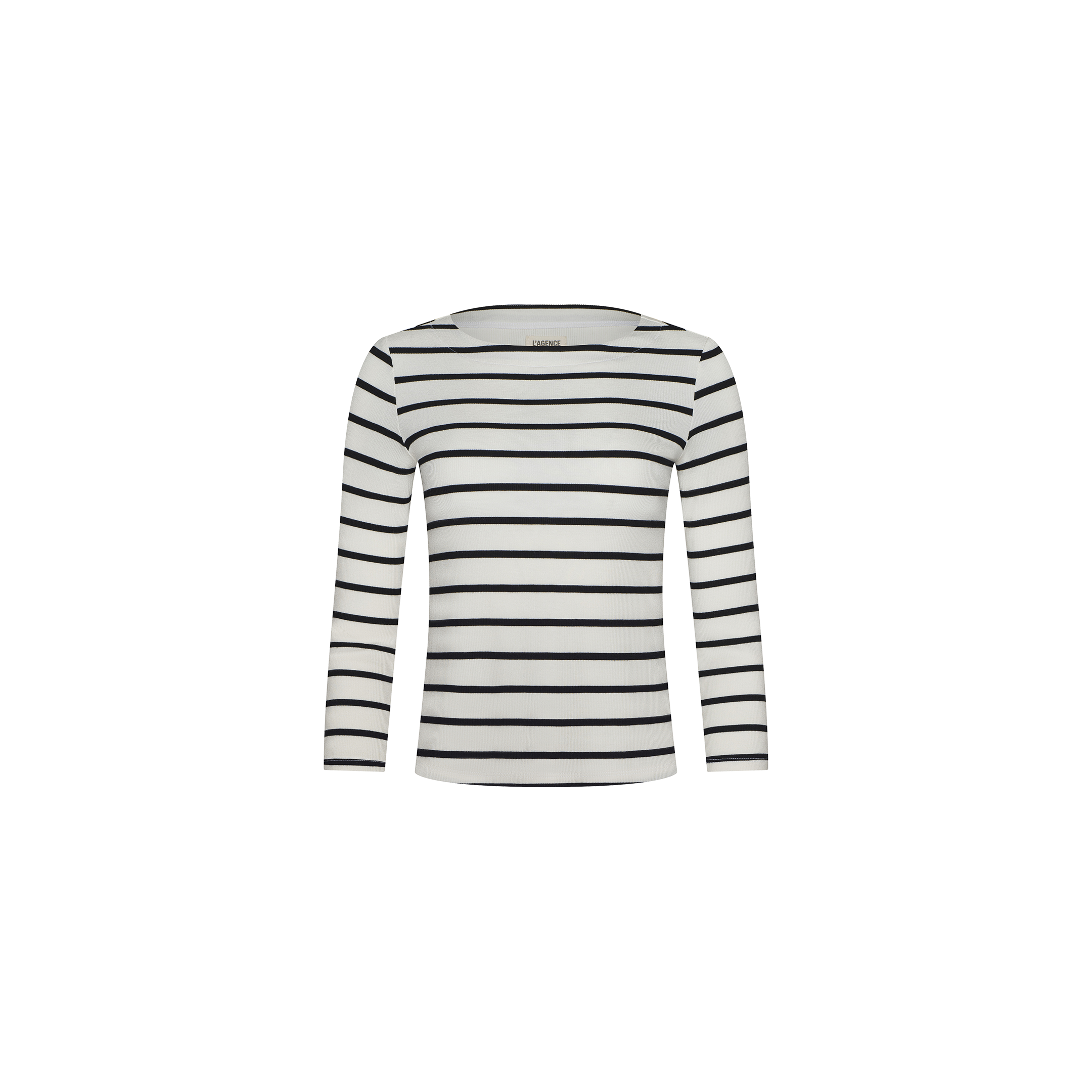 The Lucille Striped Boatneck Top is a long-sleeve, white shirt featuring timeless stripes and a boat neckline, crafted from stretch modal and displayed on a plain white background.