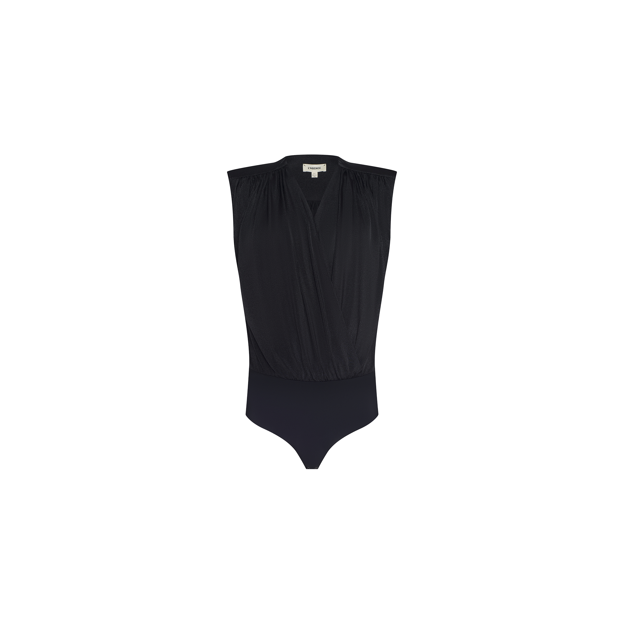 The Akari Bodysuit is a sleeveless black wrap-style piece featuring a draped neckline, made from soft, lightweight liquid jersey fabric. Shown against a plain white background.