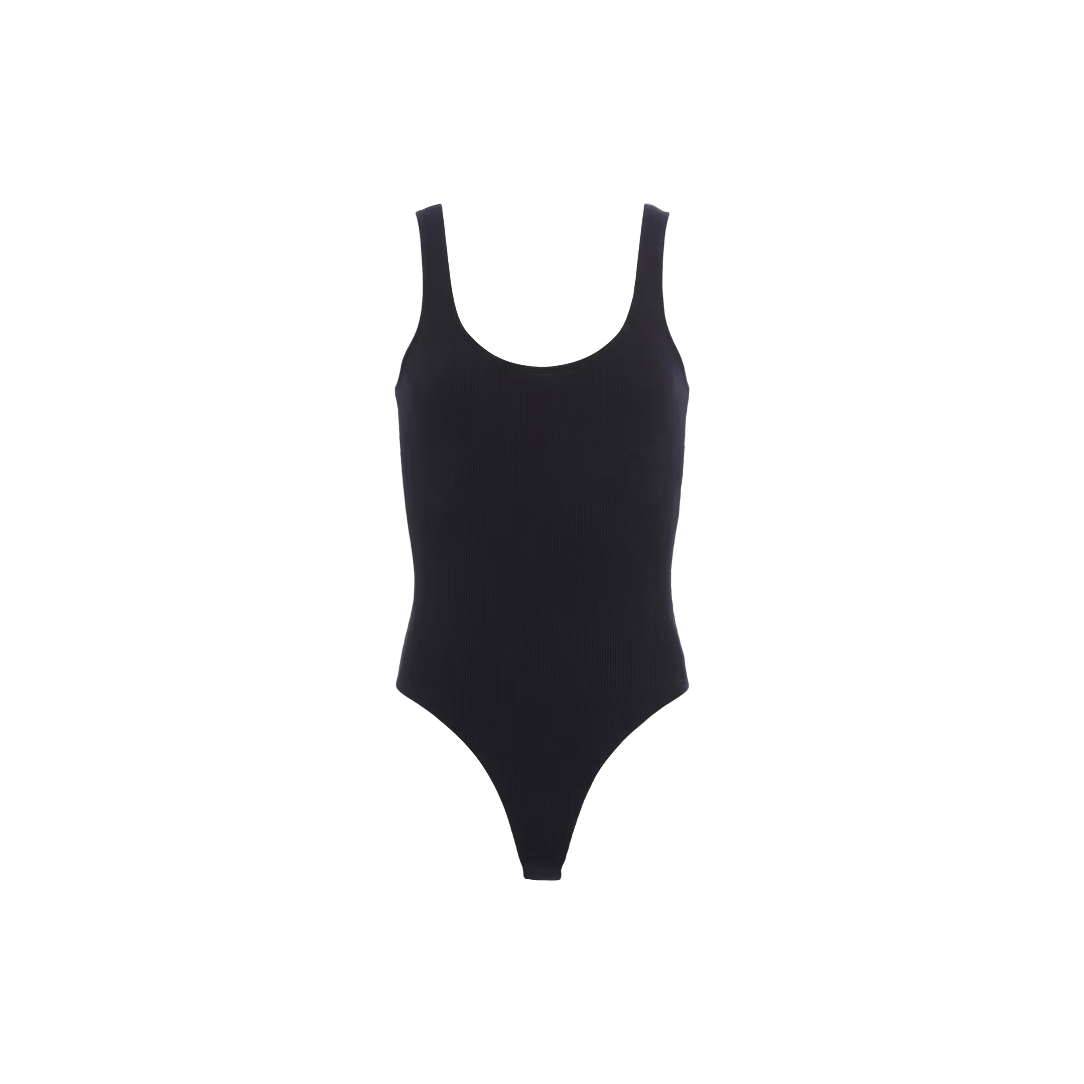 The Nica Scoopneck Bodysuit is a plain black one-piece with a scoop neckline, high-cut legs, and a cheeky silhouette, displayed on a white background.