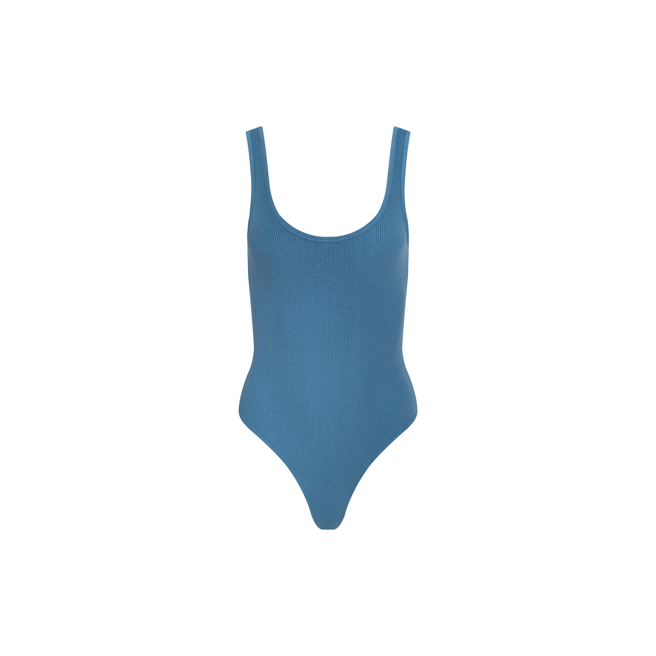 The Nica Scoopneck Bodysuit, a sleeveless blue one-piece with a sculpted fit and scoop neck, is displayed on a plain white background.