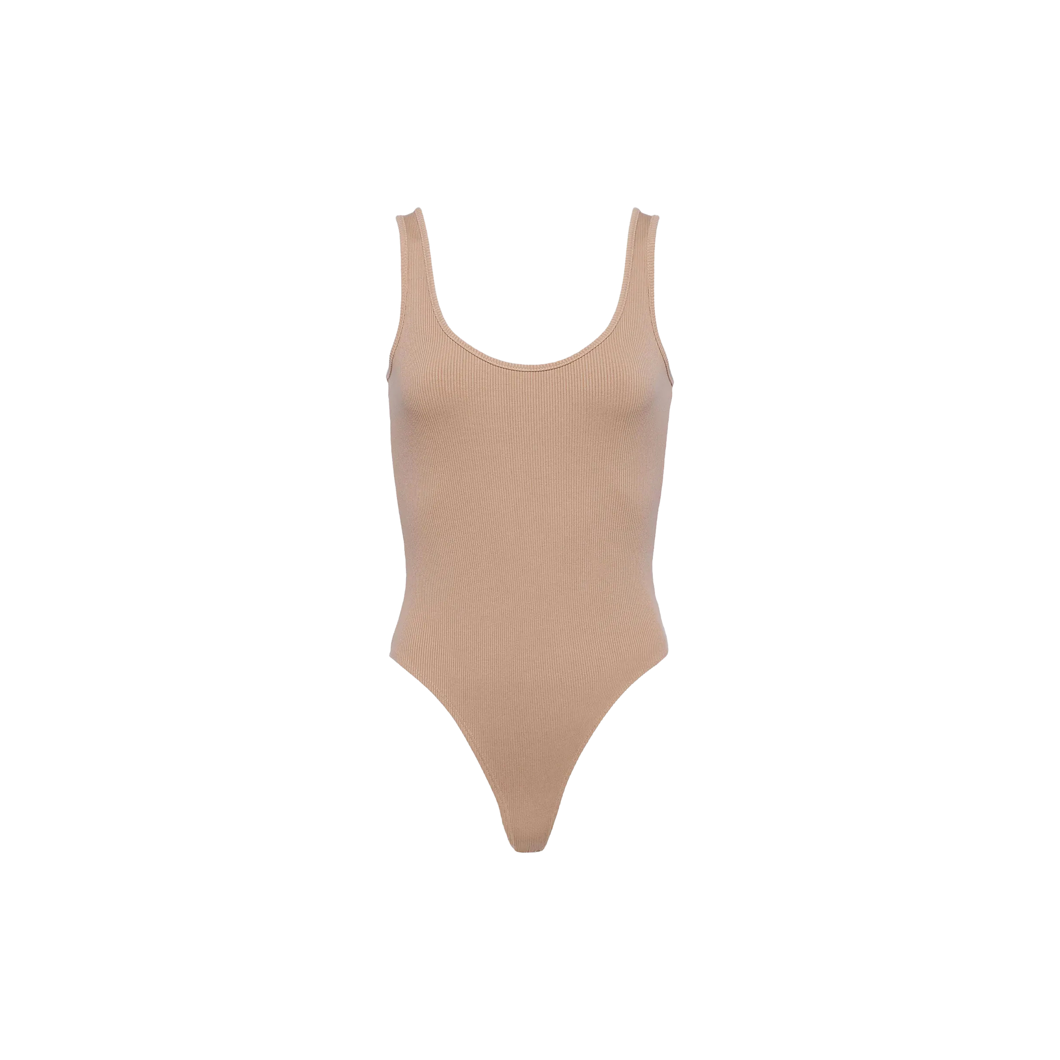 The Nica Scoopneck Bodysuit is a beige, sleeveless bodysuit featuring a scoop neckline and high-cut legs, displayed against a plain white background—perfect for layering.
