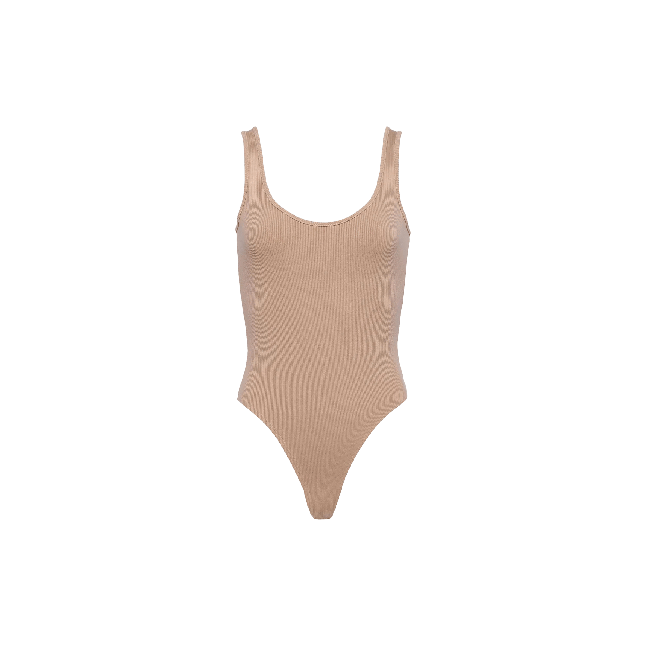The Nica Scoopneck Bodysuit is a beige, sleeveless bodysuit featuring a scoop neckline and high-cut legs, displayed against a plain white background—perfect for layering.