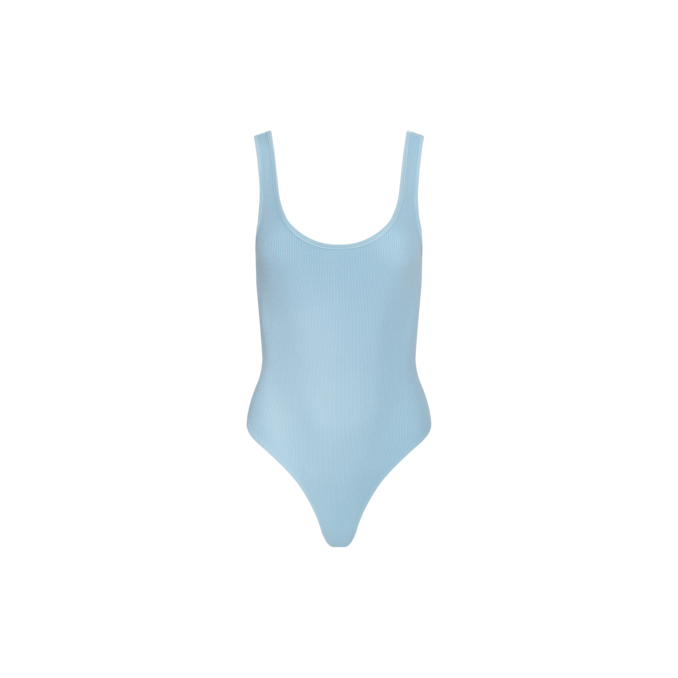Light blue Nica Scoopneck Bodysuit with a sleeveless design, displayed on a plain white background. The smooth, fitted fabric showcases a sculpted silhouette and high-cut leg openings.