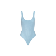 Light blue Nica Scoopneck Bodysuit with a sleeveless design, displayed on a plain white background. The smooth, fitted fabric showcases a sculpted silhouette and high-cut leg openings.