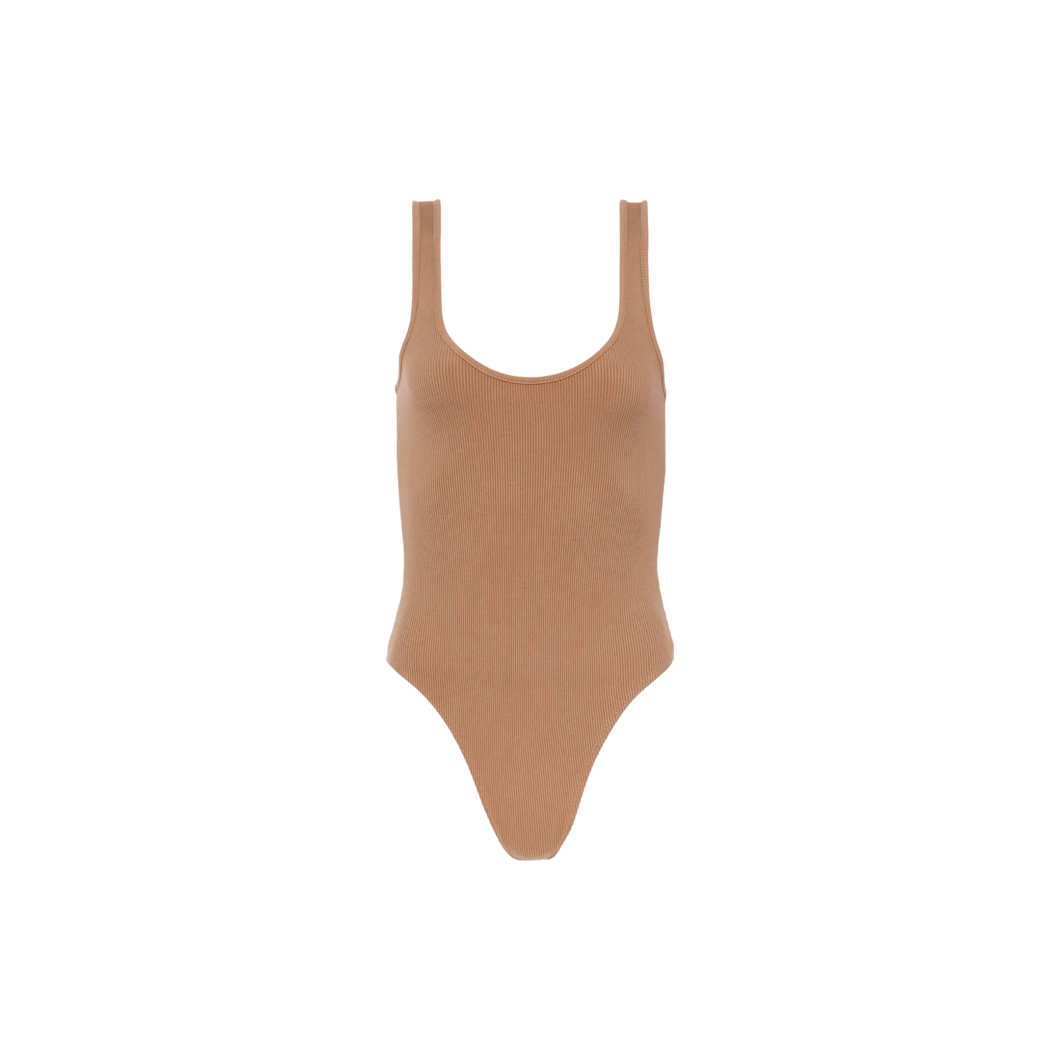 The Nica Scoopneck Bodysuit features a tan stretch rib fabric, sleeveless design, scoop neckline, and high-cut legs. Shown against a plain white background, it’s perfect as a versatile base layer.