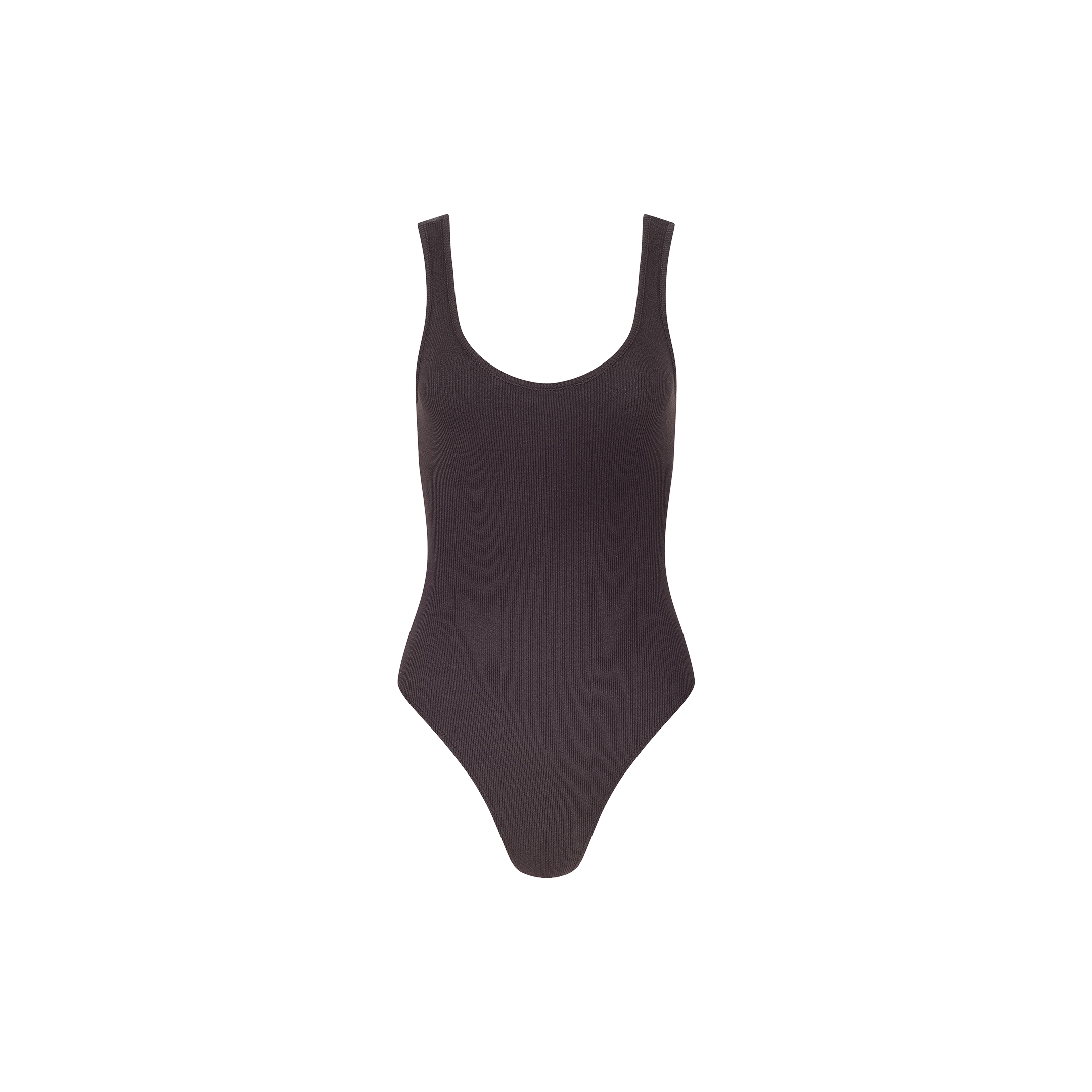 The Nica Scoopneck Bodysuit is a sleeveless, dark-toned piece featuring a scoop neckline and high-cut legs, made from stretch rib fabric and shown against a plain white background.