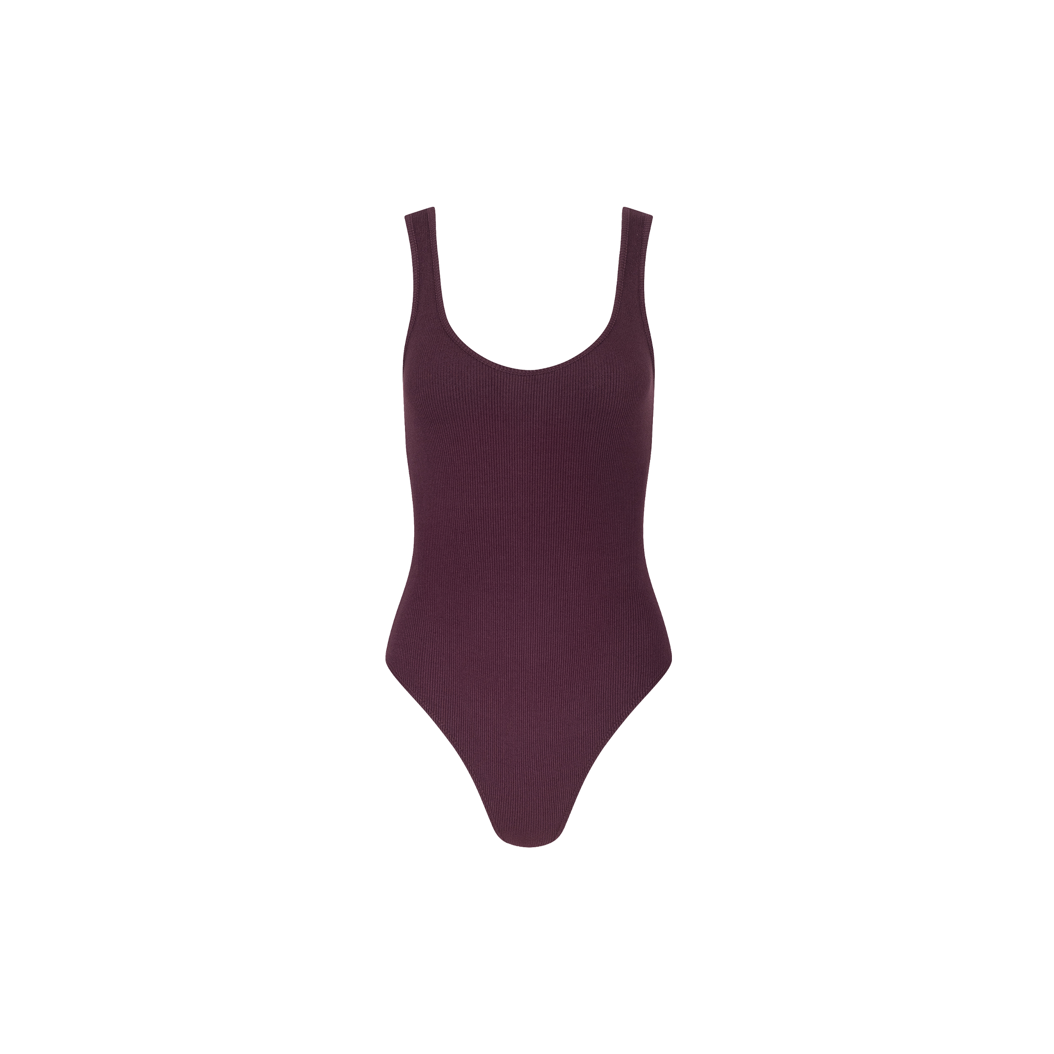 A sleeveless Nica Scoopneck Bodysuit in dark purple, featuring a scoop neckline and high recovery stretch, is displayed on a plain white background.