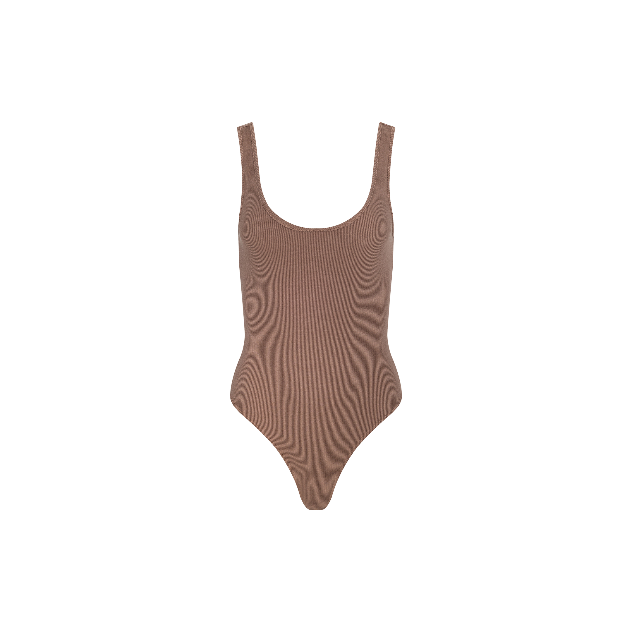 The Nica Scoopneck Bodysuit is a brown, ribbed sleeveless piece featuring a scoop neckline, high-cut legs, and a sculpted fit in high-recovery stretch rib fabric, shown against a plain white background.