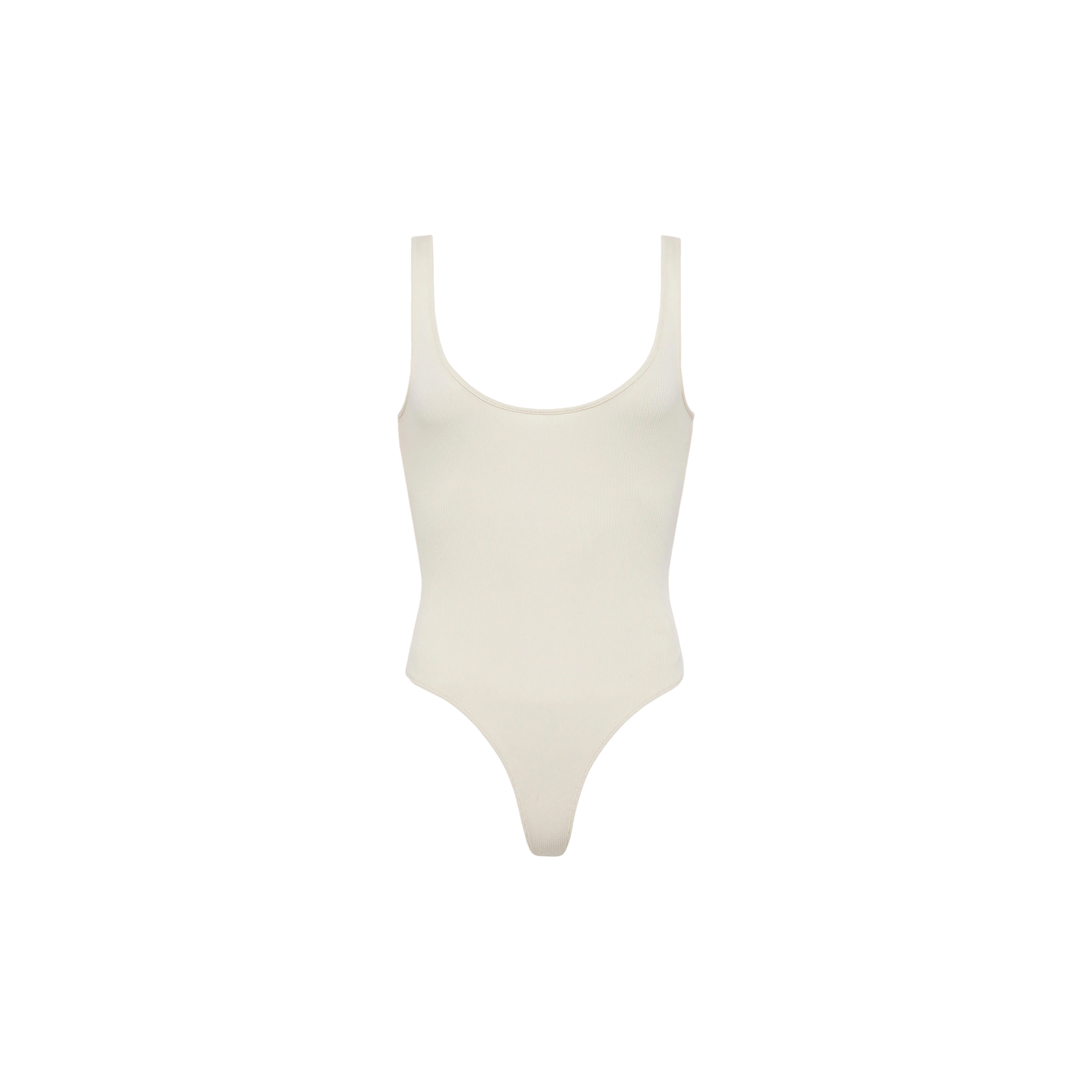 The Nica Scoopneck Bodysuit is an ivory, sleeveless piece made from stretch cotton, featuring a flattering scoop neckline and high-cut leg openings—ideal for versatile layering. Shown against a plain white background.