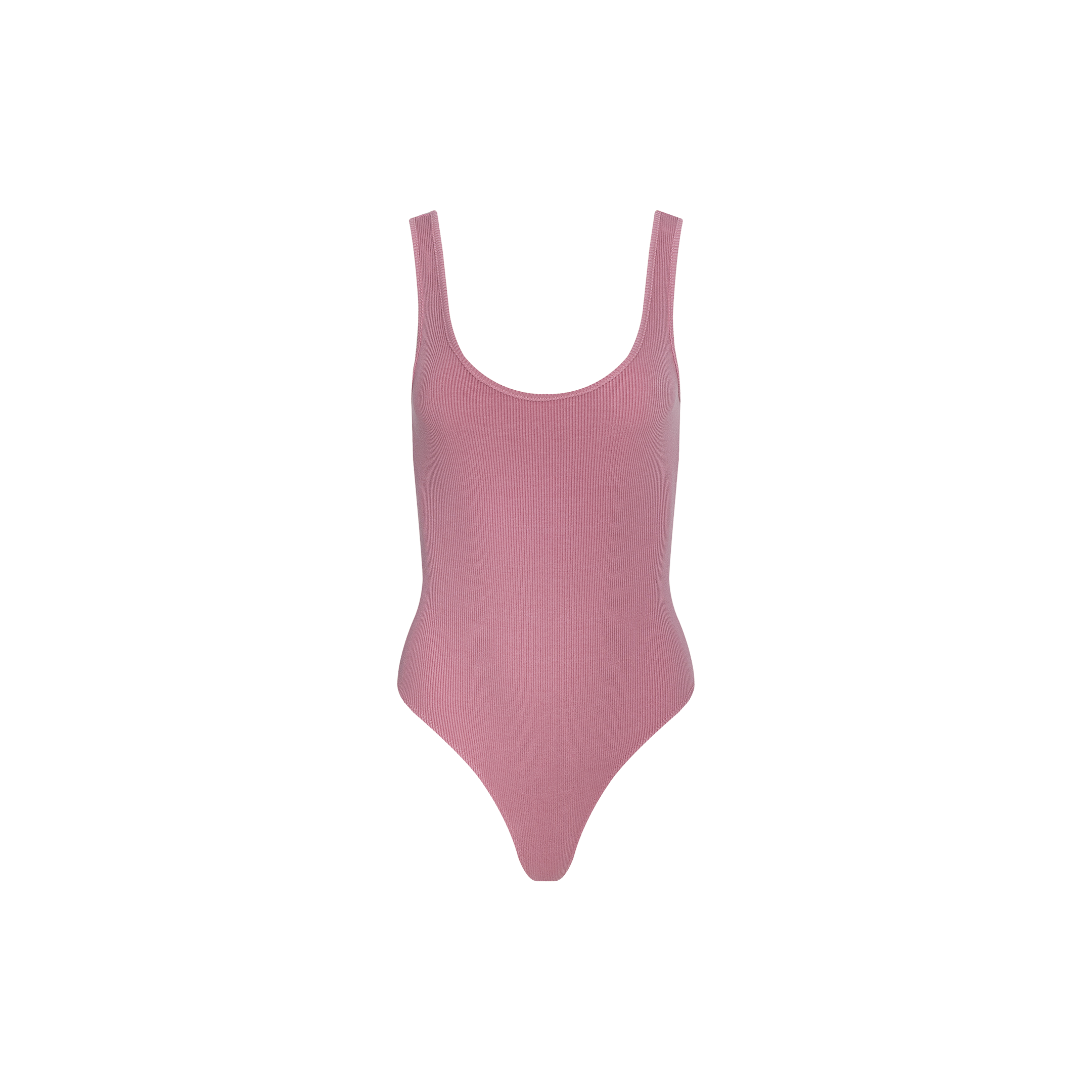 The Nica Scoopneck Bodysuit is a sleeveless, light pink one-piece crafted from stretch rib fabric, shown against a plain white background.