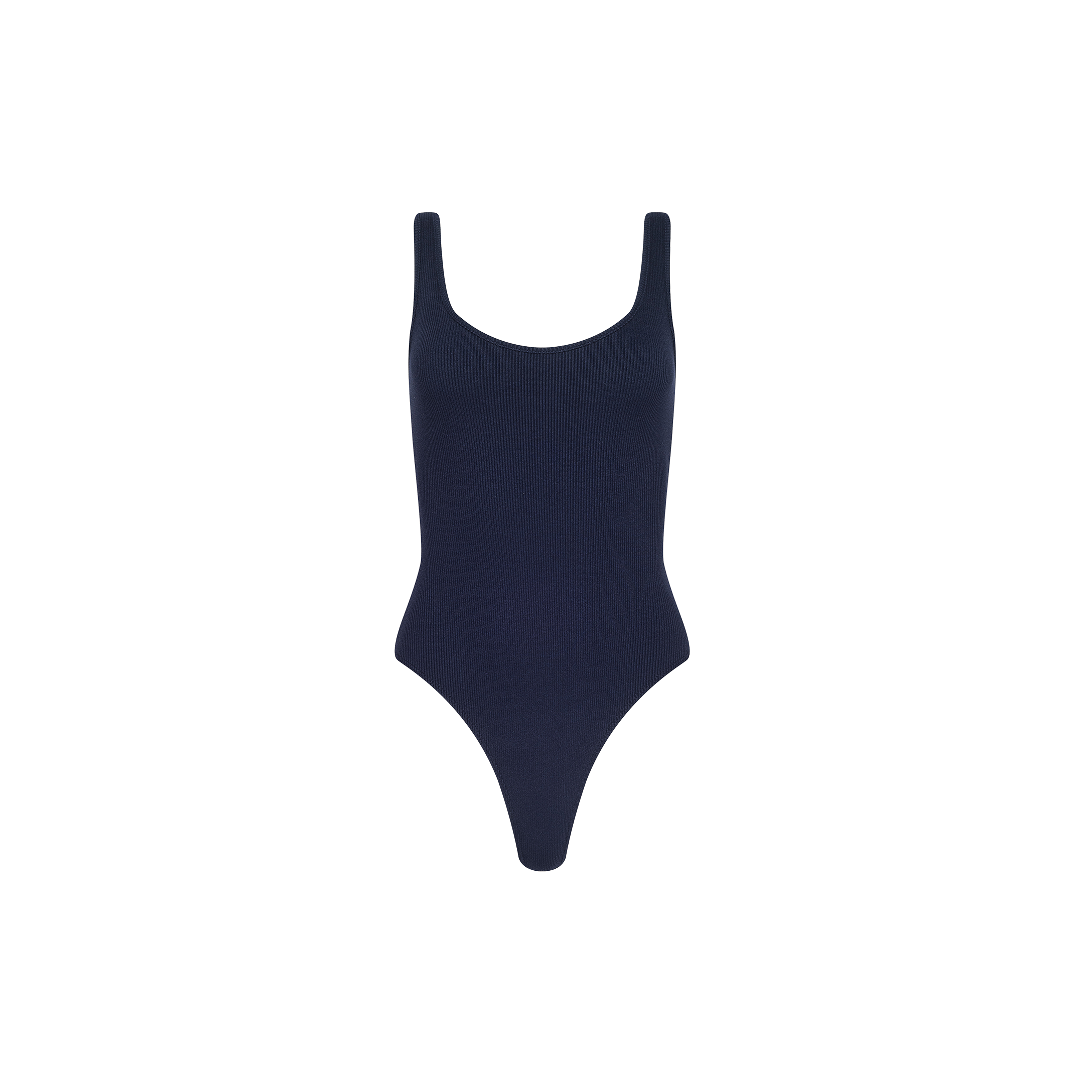 The Nica Scoopneck Bodysuit is a sleeveless, navy blue ribbed piece with a sculpted fit, featuring a scoop neckline and high-cut legs, shown against a plain white background.