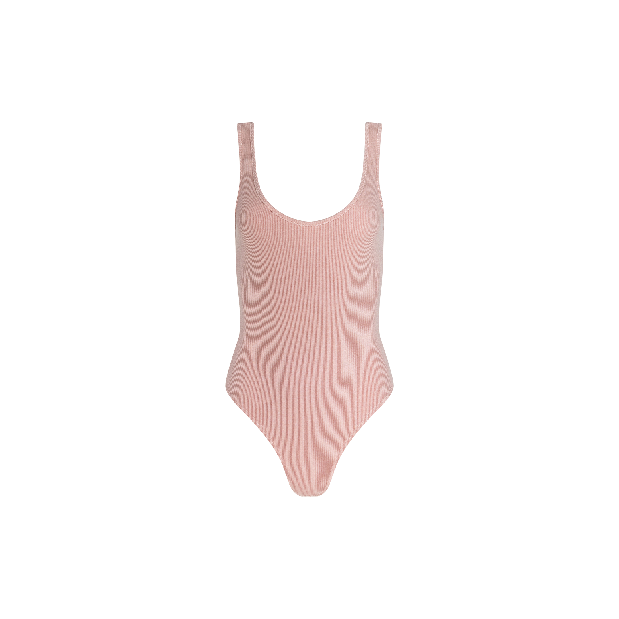 The Nica Scoopneck Bodysuit in light pink features a sleeveless, scoopneck design and is crafted from ribbed fabric for a sculpted fit, shown against a plain white background.