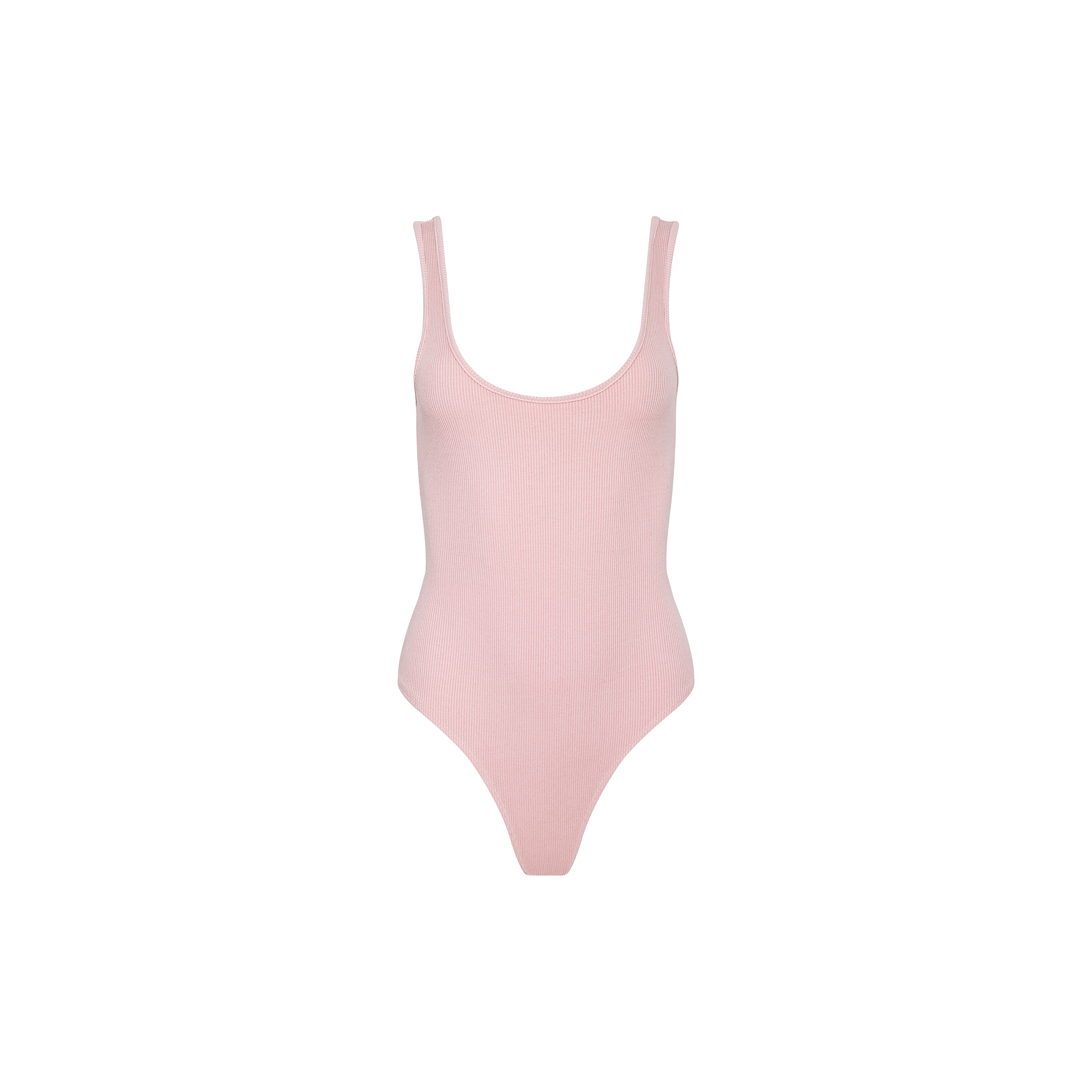 The Nica Scoopneck Bodysuit is a light pink, sleeveless bodysuit crafted from high-stretch rib knit. It features a scoop neckline and high-cut leg openings, and is shown on a plain white background. Perfect as a comfortable and stylish base layer.