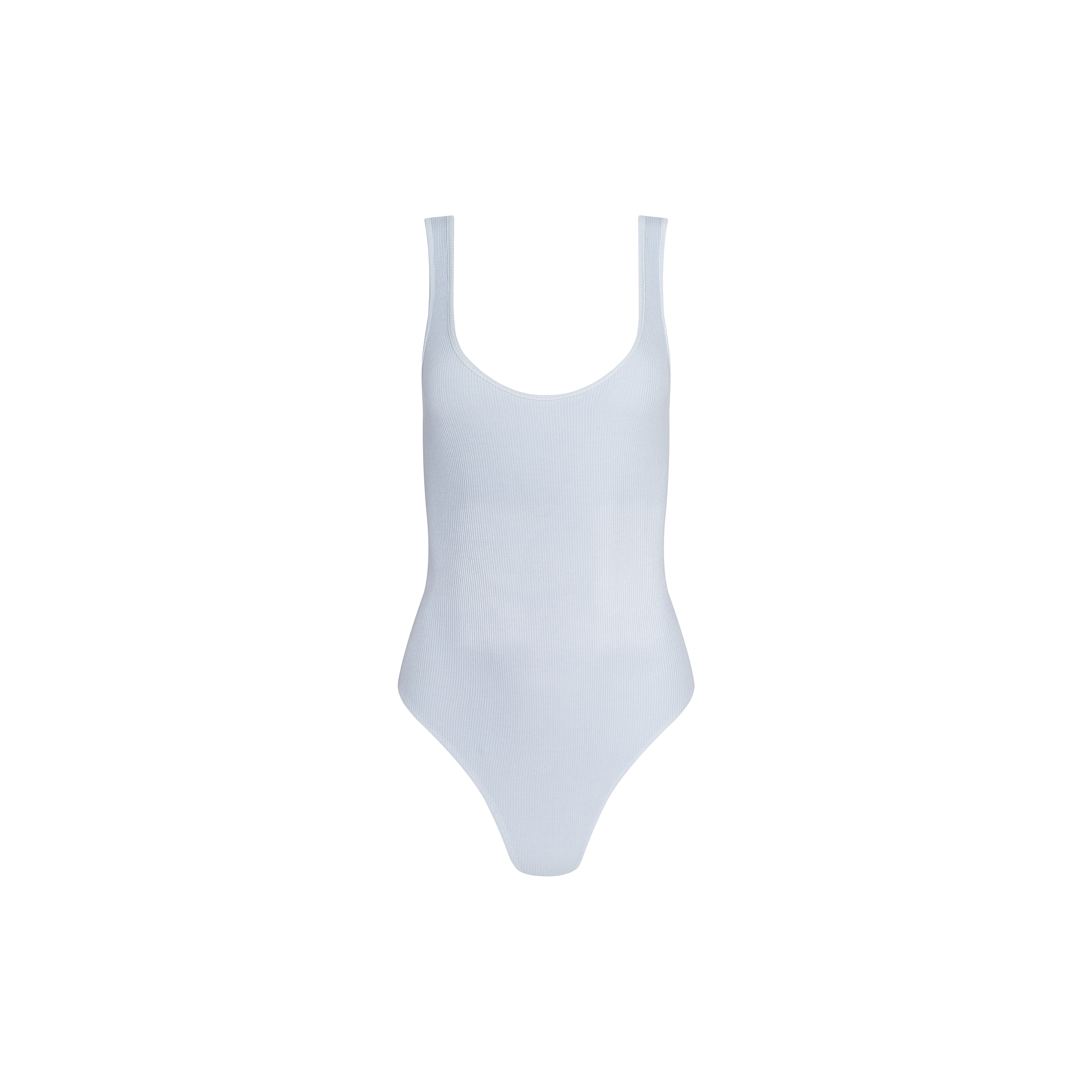 Nica Scoopneck Bodysuit in white, featuring a sleeveless design and high-stretch rib fabric, showcased against a plain light background.