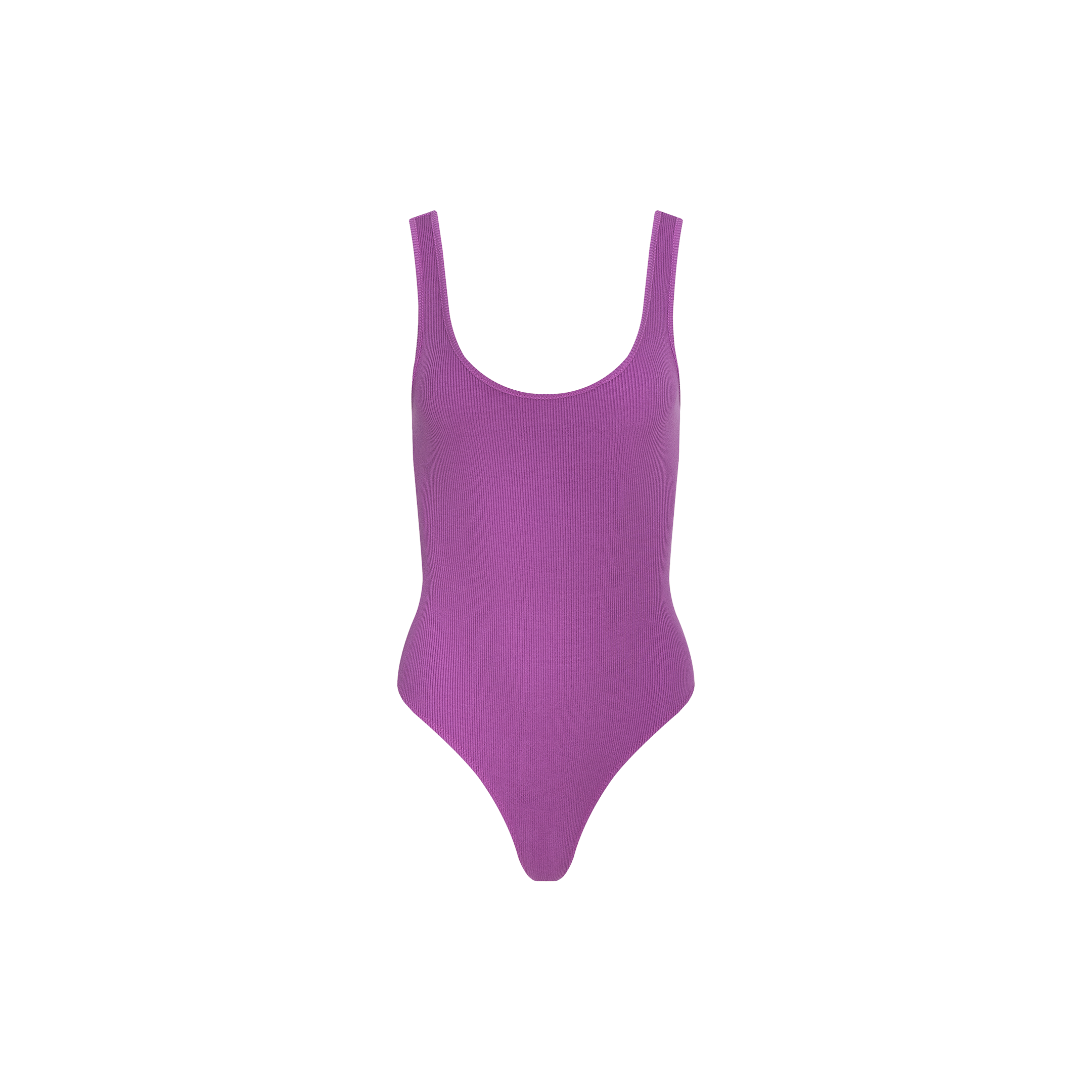 Introducing the Nica Scoopneck Bodysuit—a sleeveless, sculpted-fit bodysuit in purple, featuring a scoop neckline and high-cut leg. Made from high-recovery stretch rib fabric, it’s shown against a plain white background.