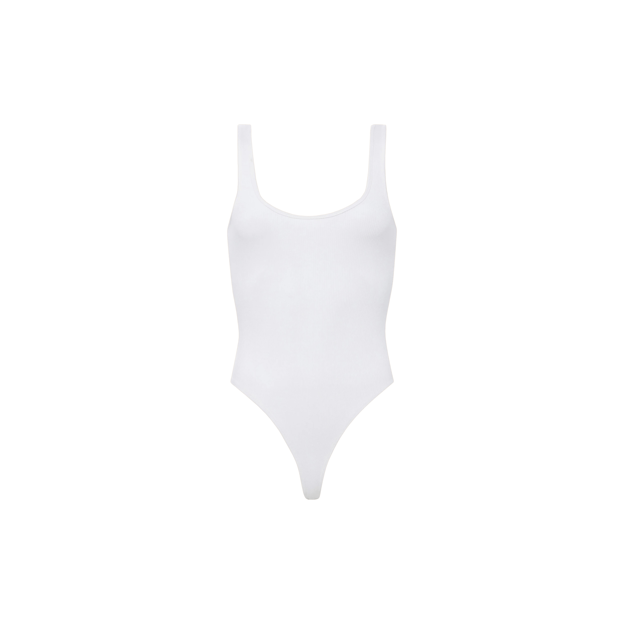 The Nica Scoopneck Bodysuit features a white, seamless design with a scoop neckline, high-cut leg openings, and a cheeky silhouette, displayed against a plain white background.
