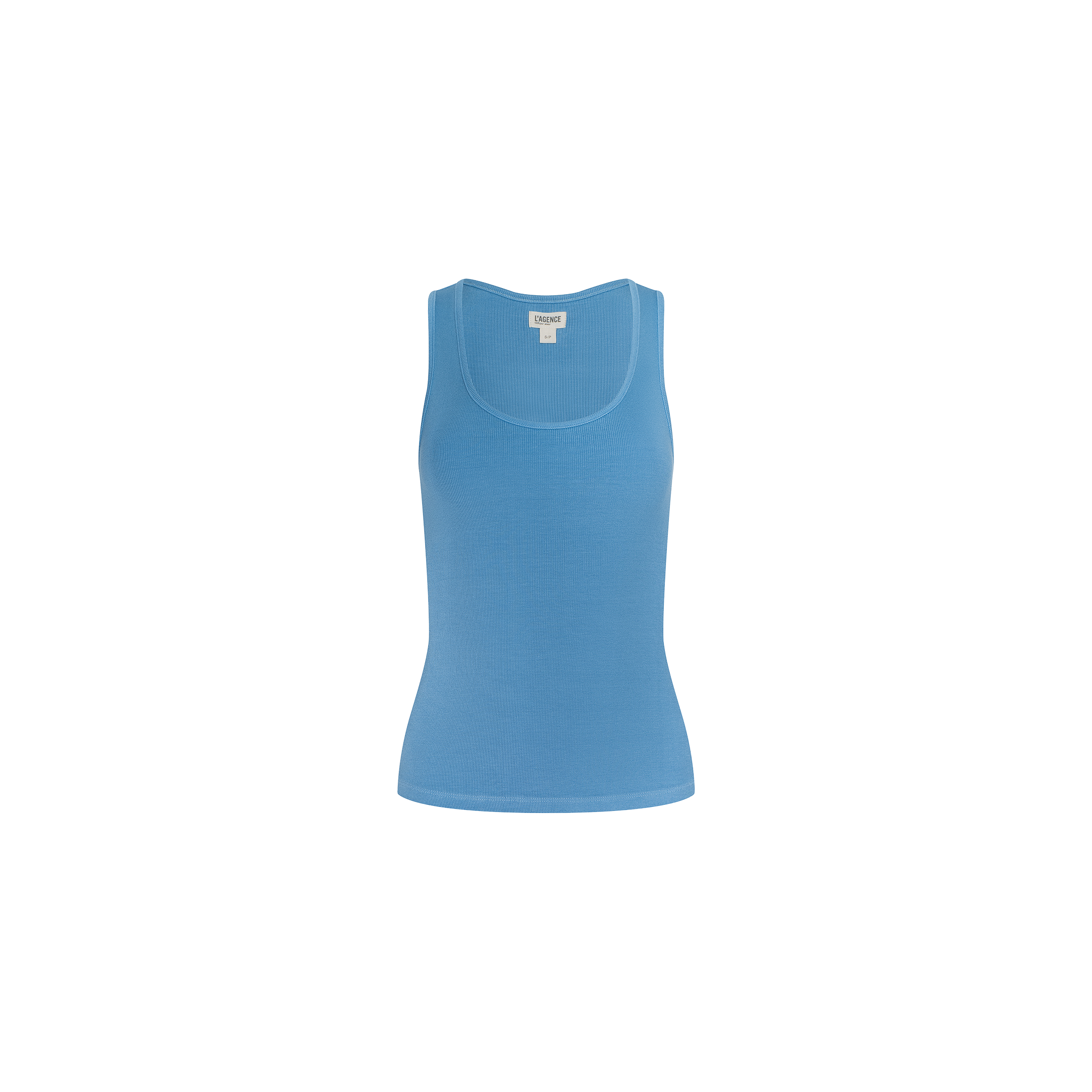 An Adira Scoopneck Tank in light blue, featuring a sleeveless and fitted ribbed design, is centered on a plain white background.