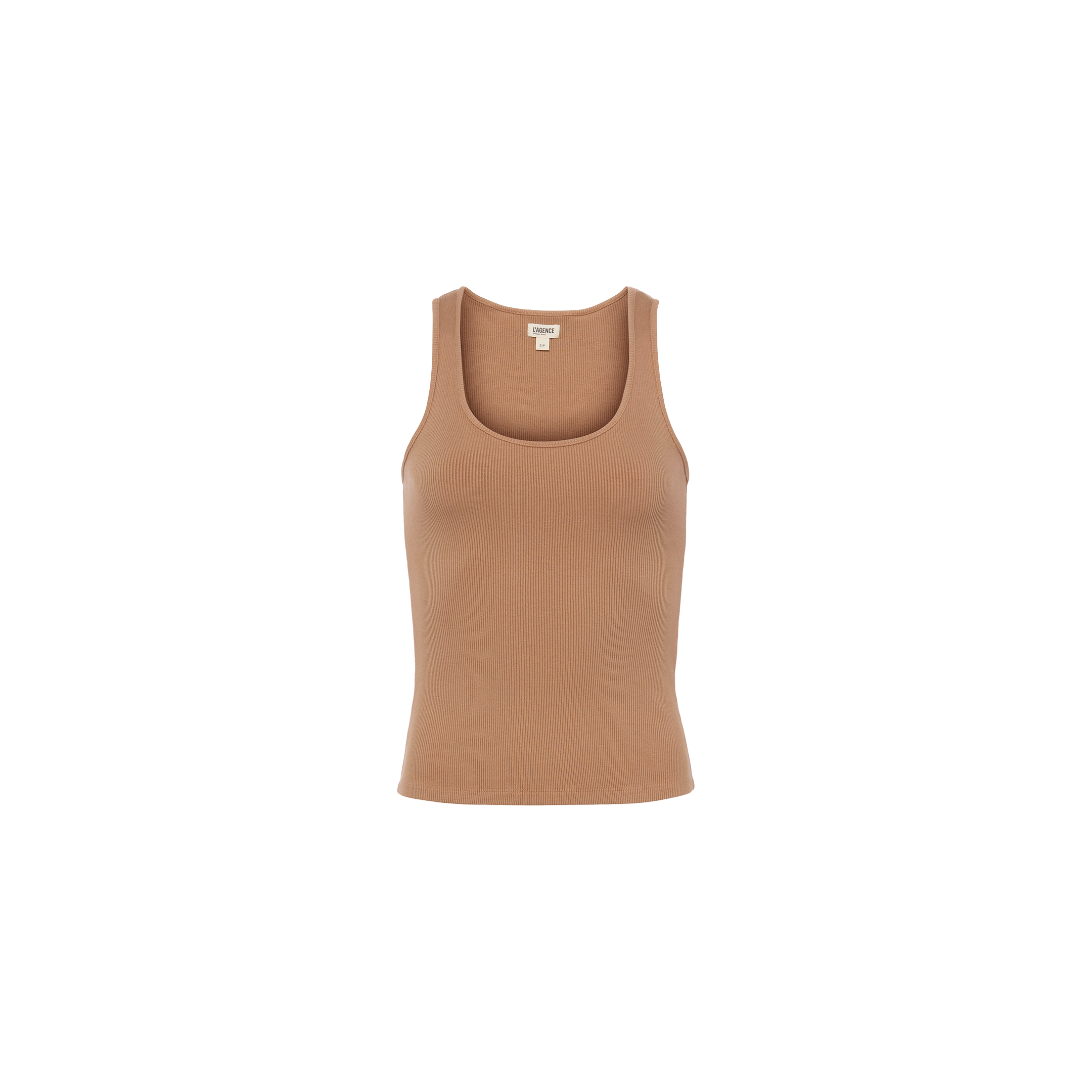 The Adira Tank is a light brown, sleeveless ribbed essential featuring a scoopneck and sculpted fit, shown against a plain white background.